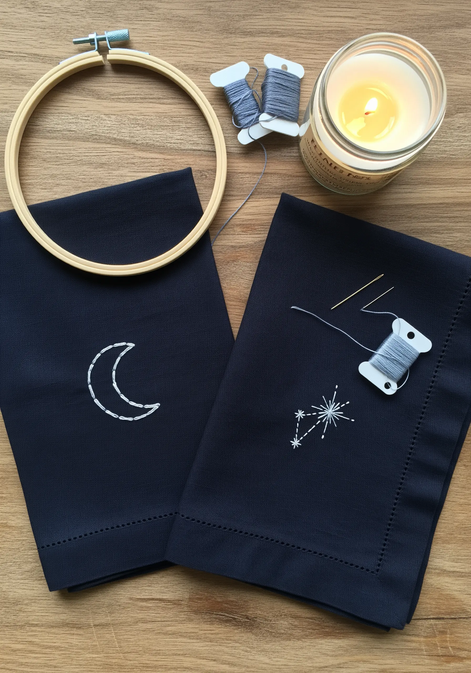 Minimalist moon and star constellations embroidered in white on dark navy napkins.