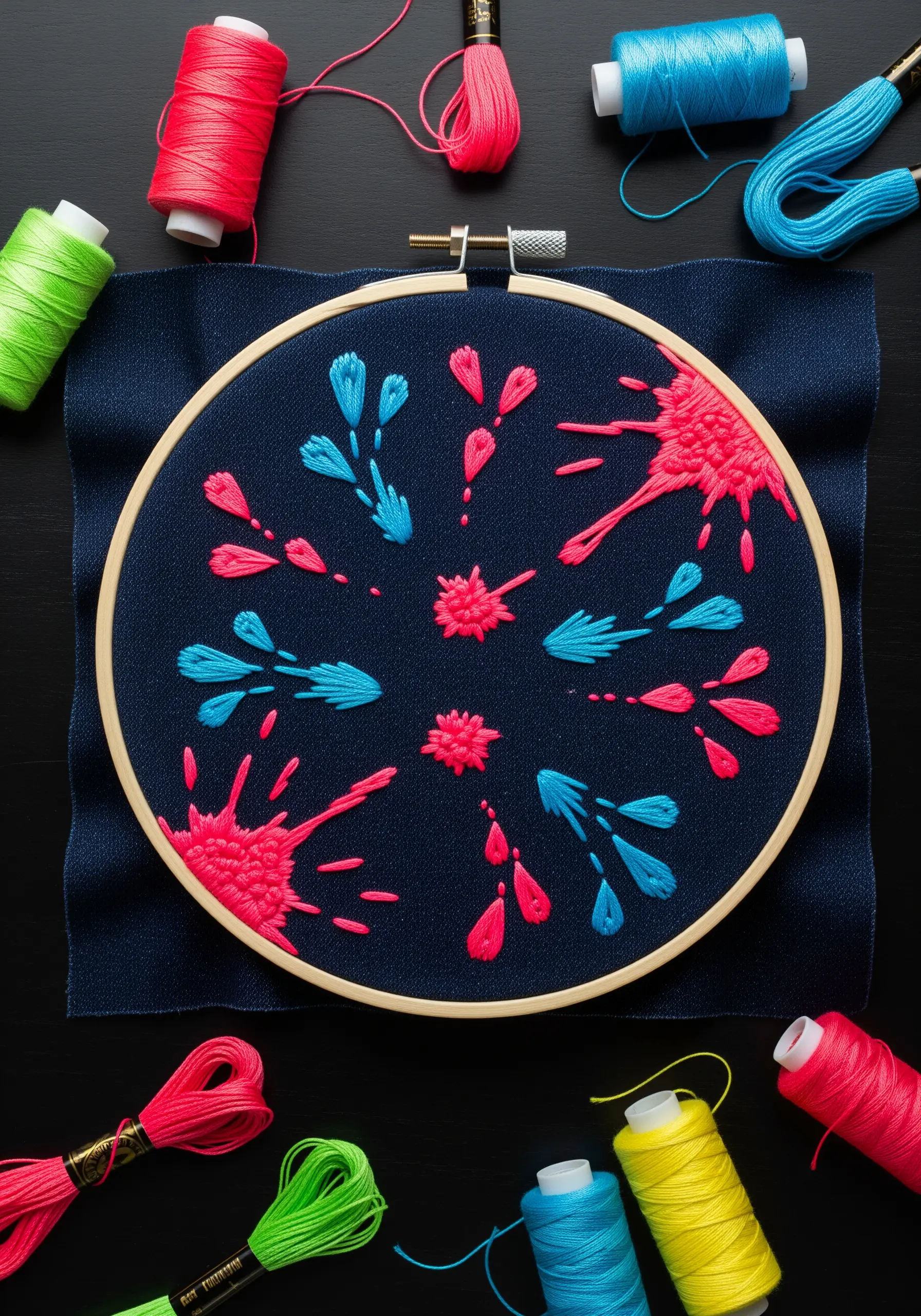 Neon pink and blue thread painting resembling paint splatters on navy