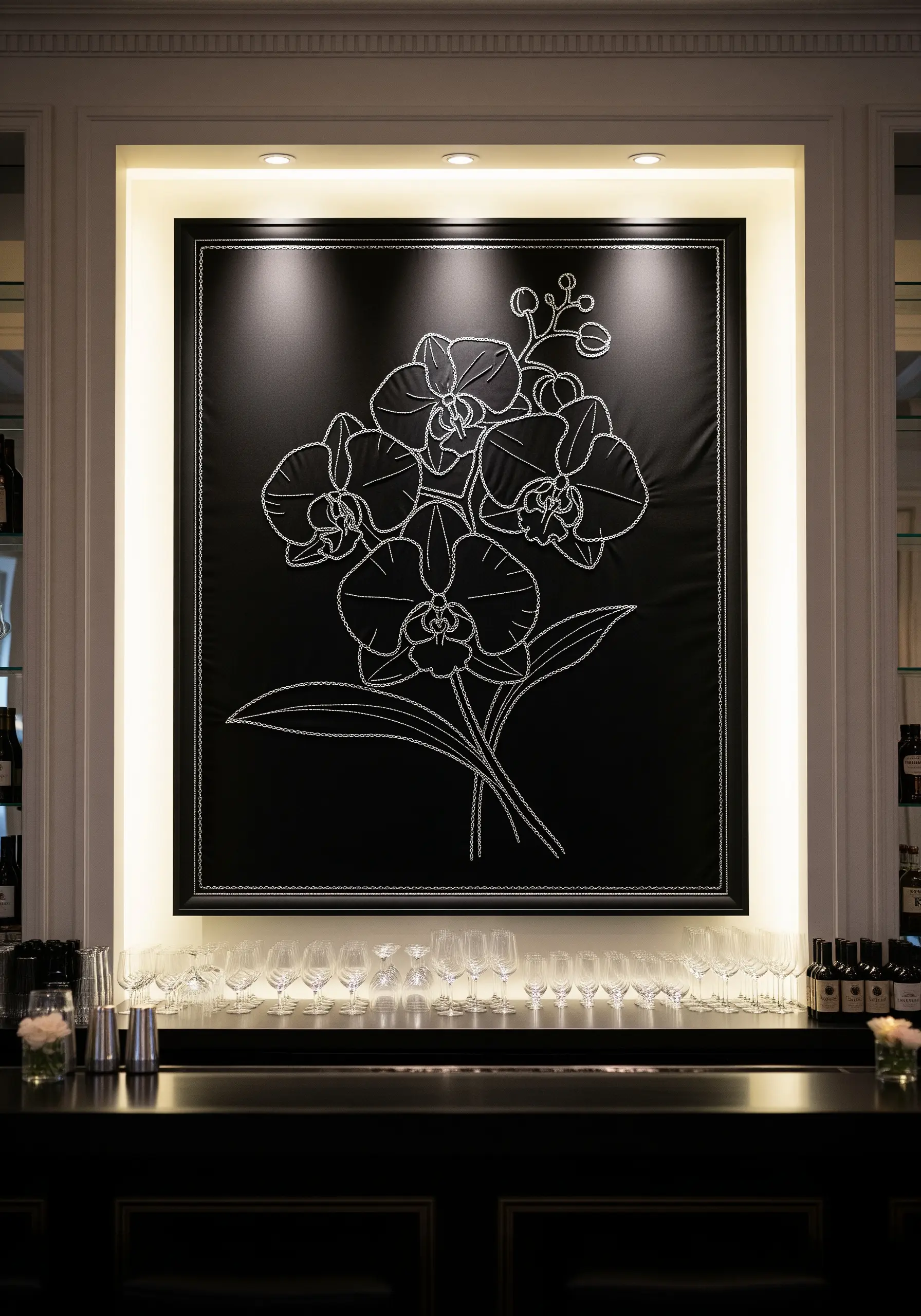 A large, elegant orchid bouquet embroidered in white thread on a black fabric panel.