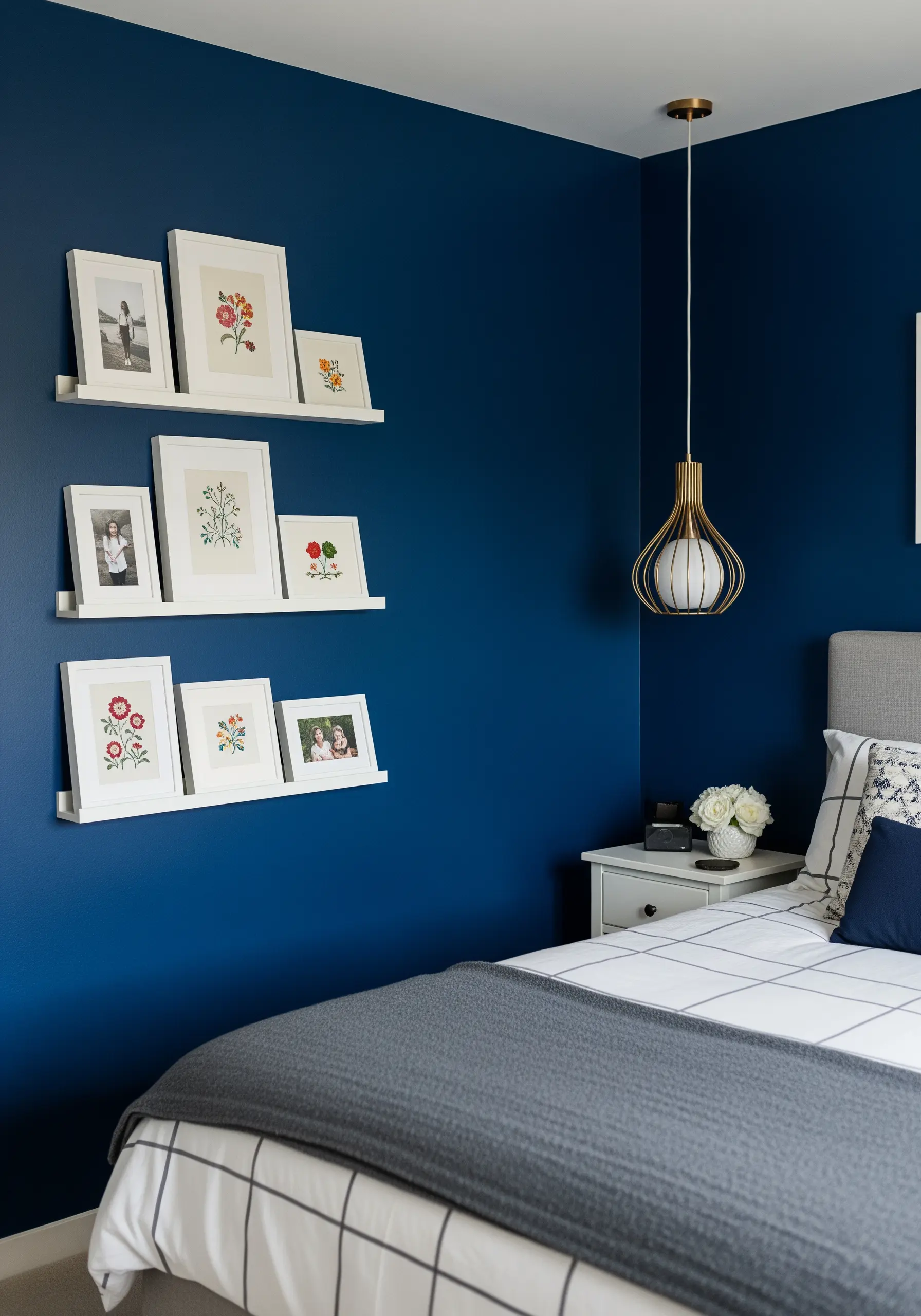 Dark blue wall with white floating shelves holding floral embroidery