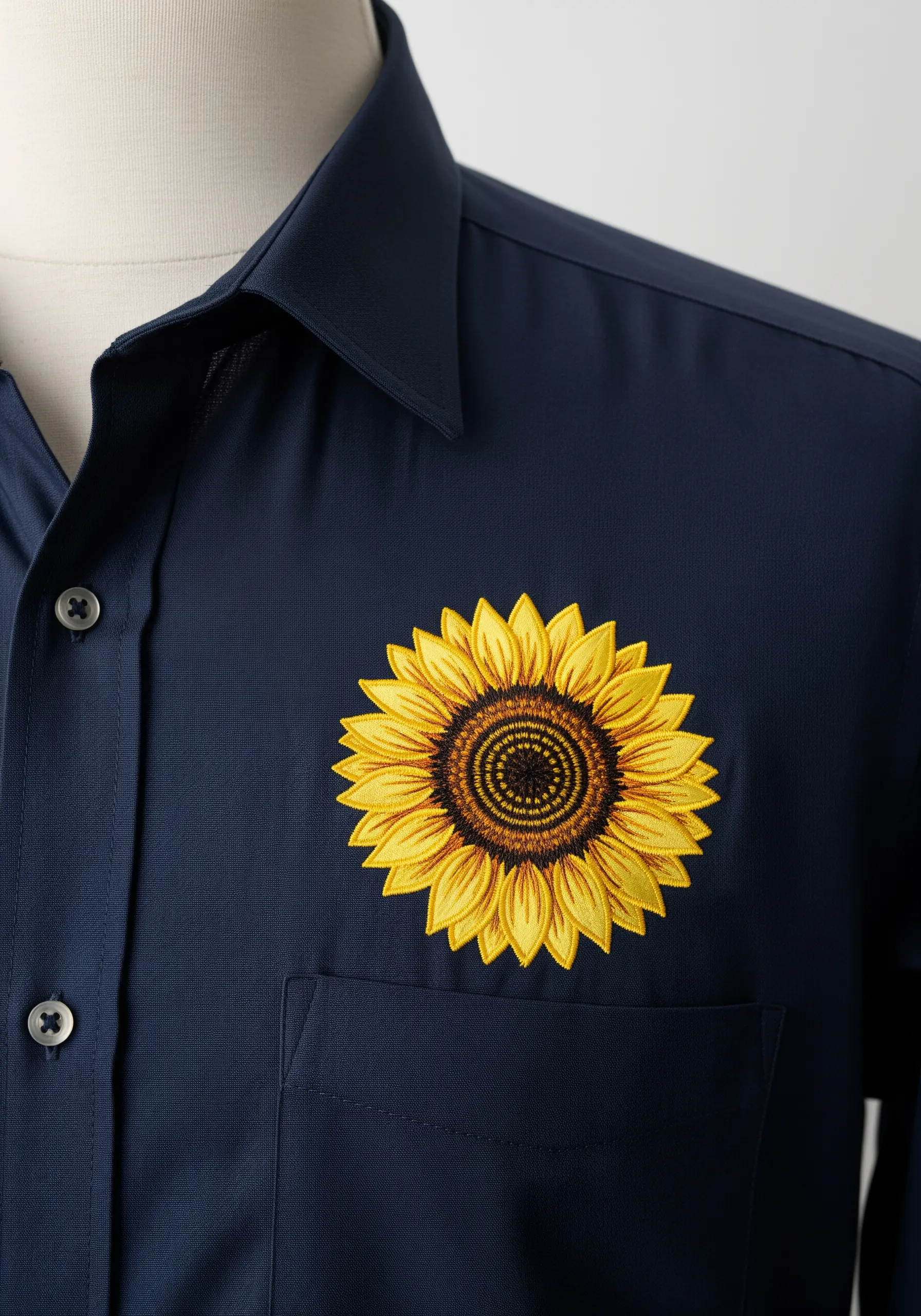 A large, vibrant sunflower with detailed shading, embroidered on a navy blue shirt.