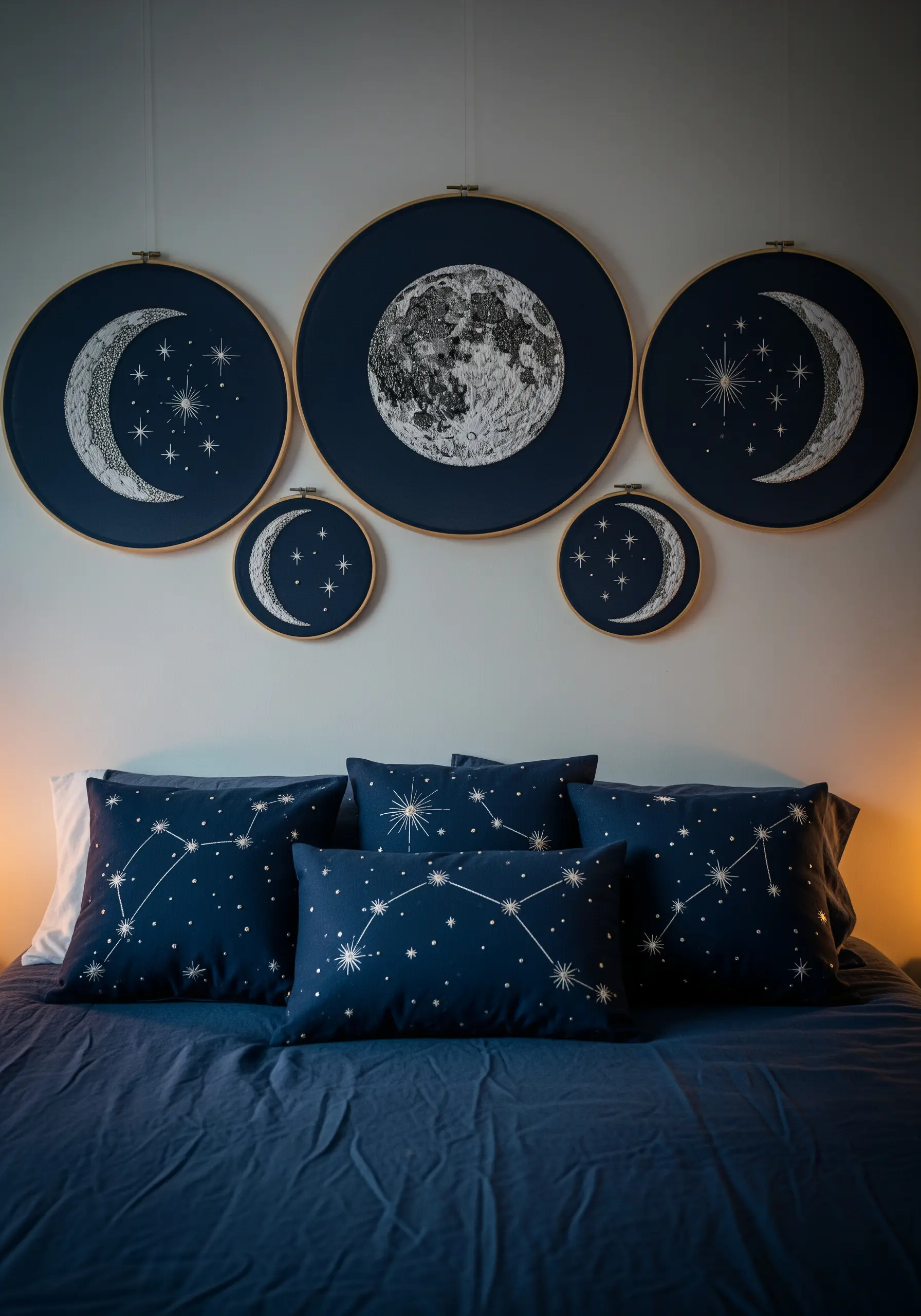 A gallery wall of five embroidery hoops depicting detailed moons and stars in white on navy fabric.