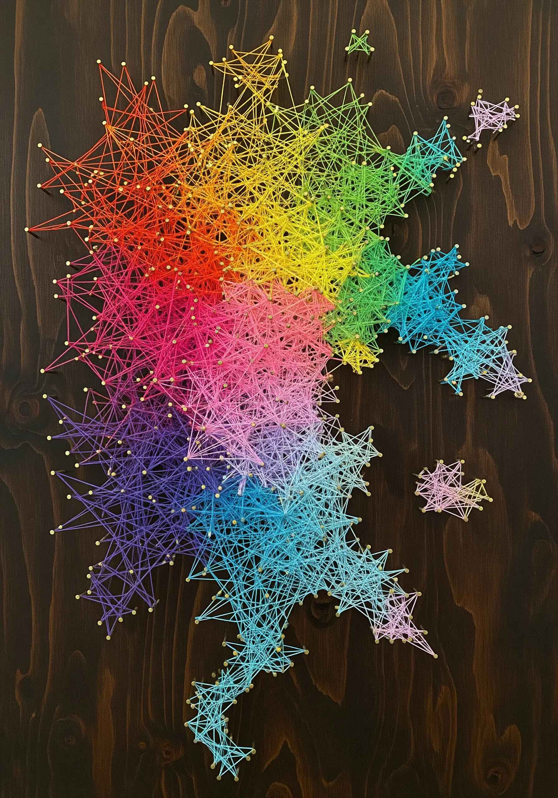 Geometric string art explosion on dark wood featuring a rainbow gradient