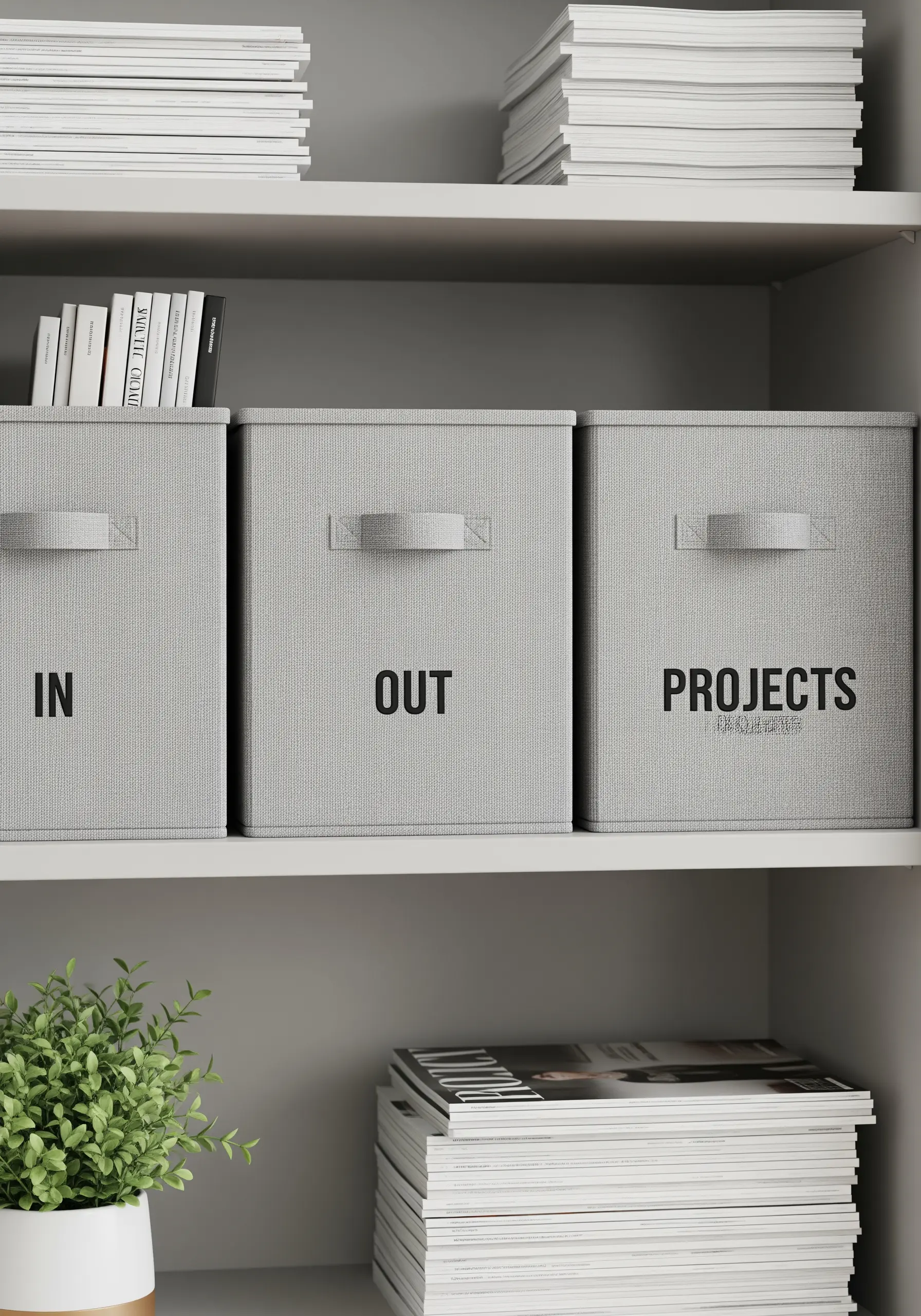 Bold black satin-stitched labels on grey fabric storage bins.