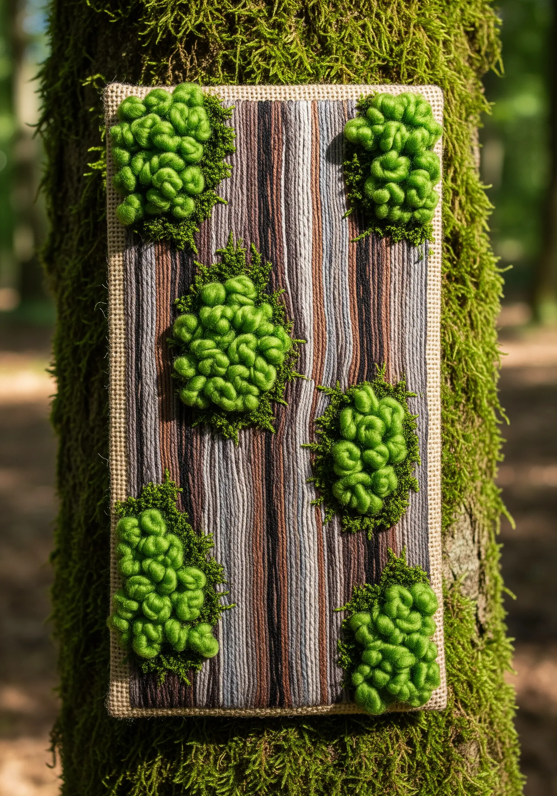 Wall art combining vertical bark stitches with plush, 3D green moss made from high-pile knots.