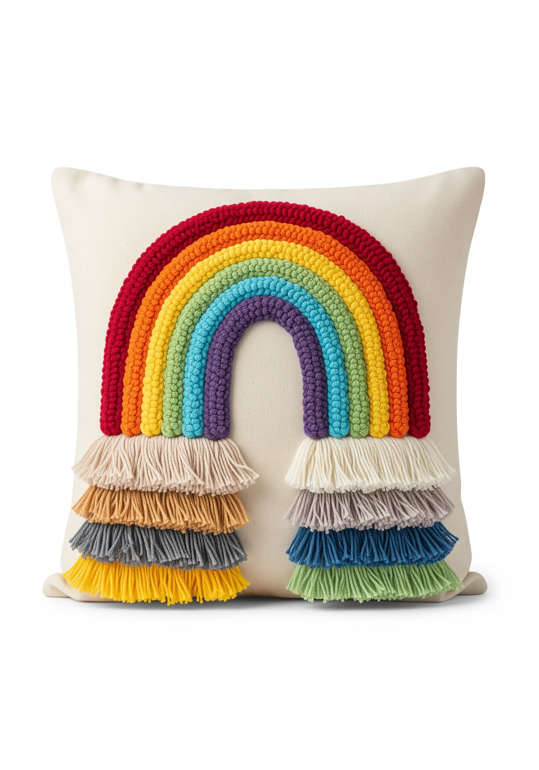 A textured rainbow pillow with high-pile stitches and colorful tiered fringe.