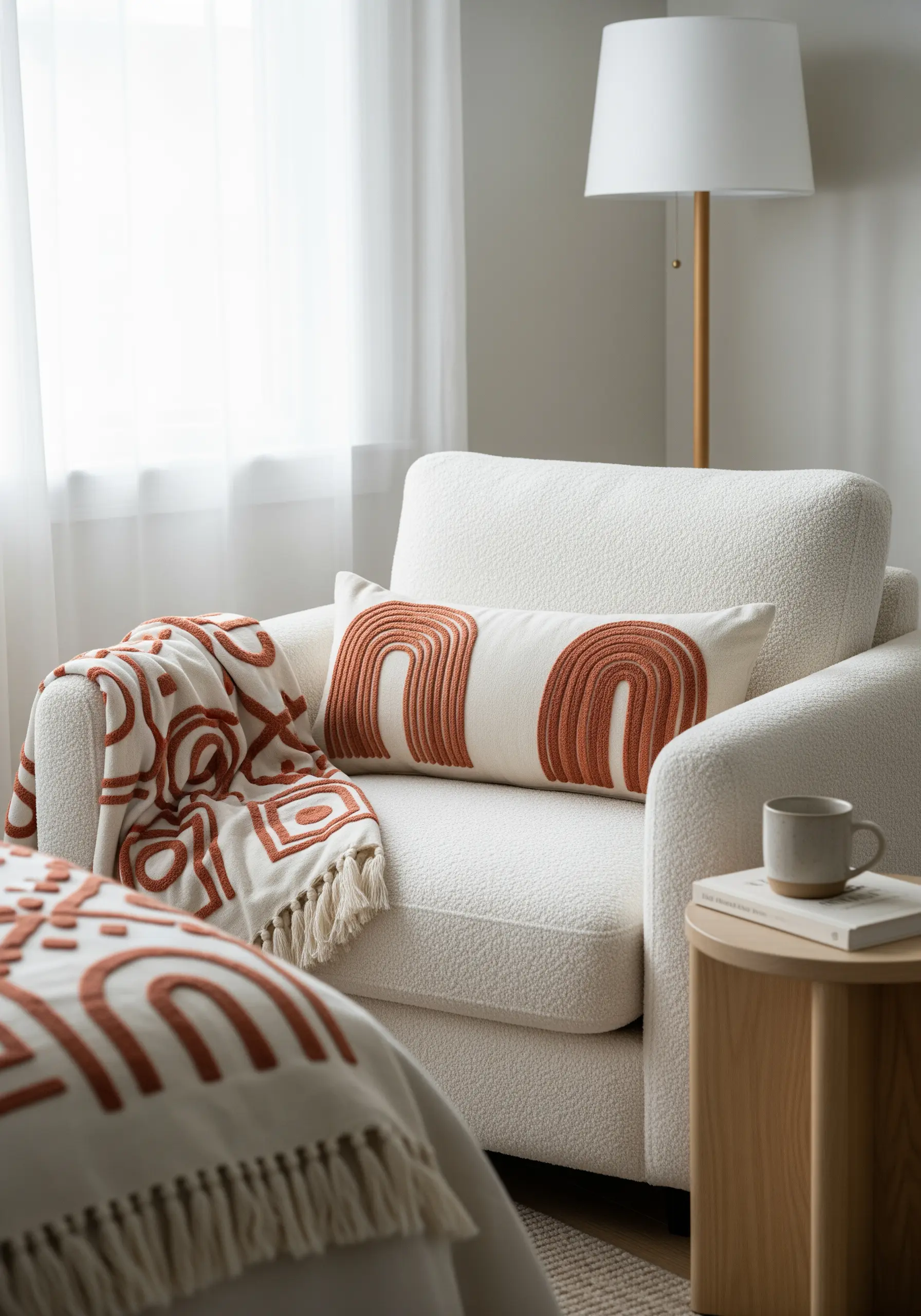 Lumbar pillow with chunky, raised satin stitch rainbow arches in terracotta thread.