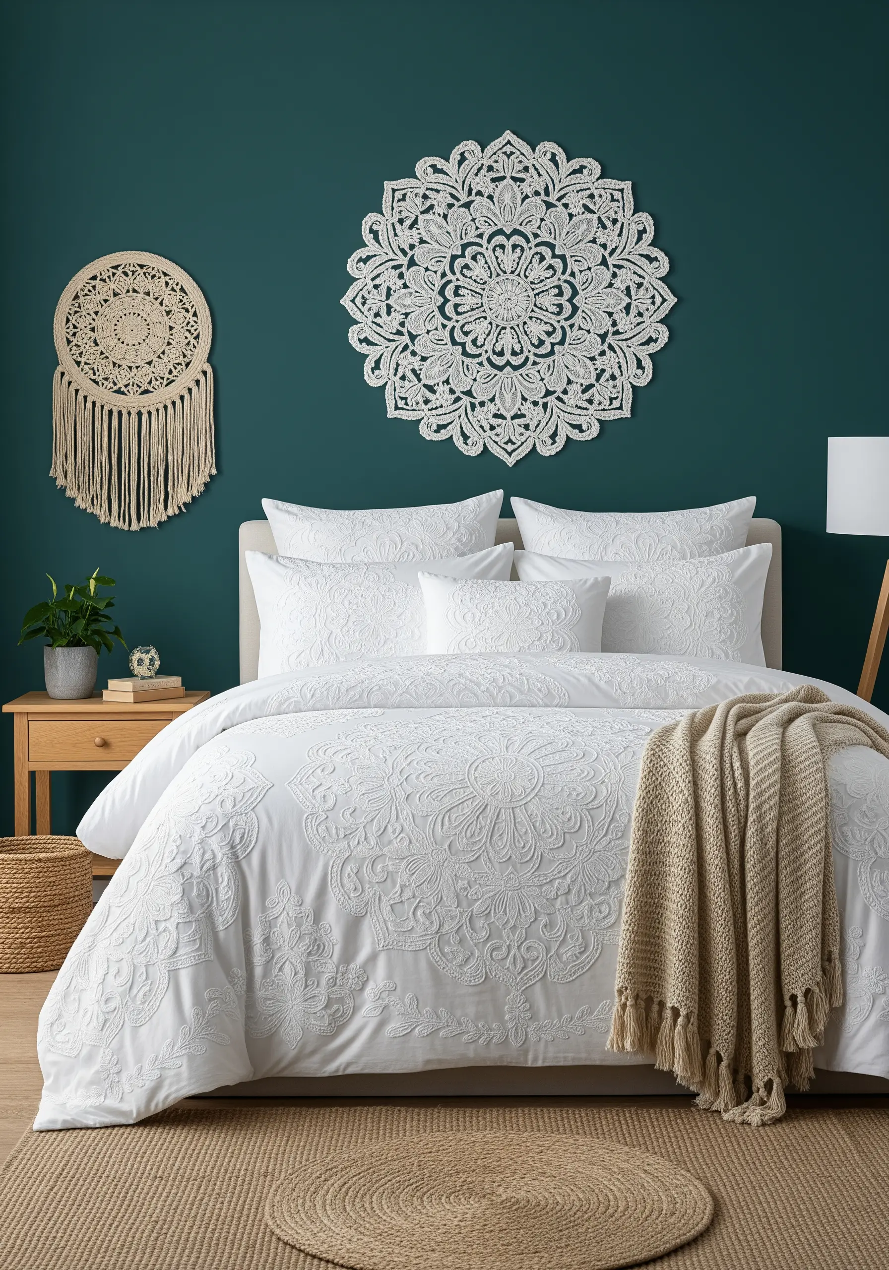 A white duvet cover and pillows featuring intricate, high-relief floral and mandala whitework embroidery.