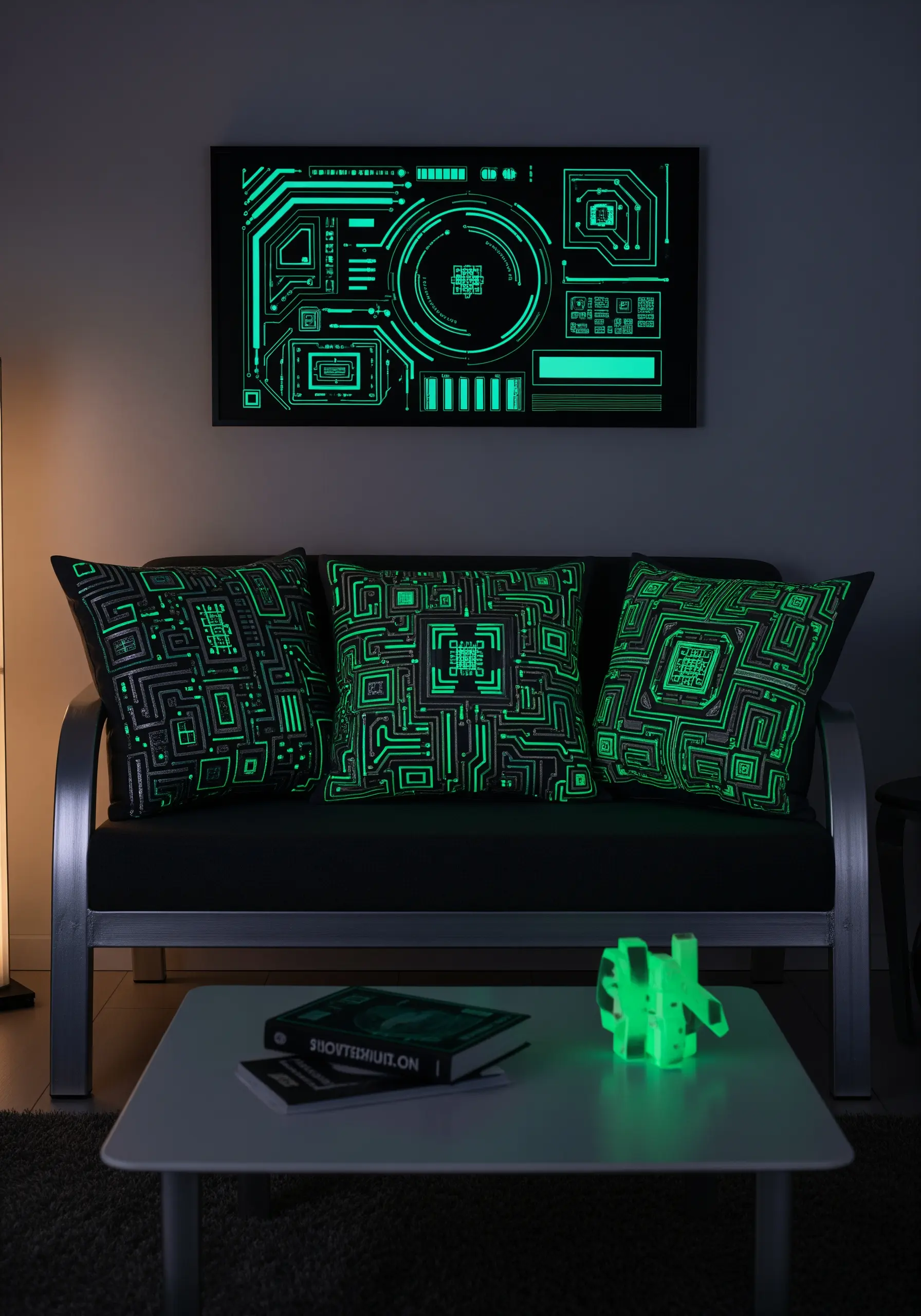 Three black cushions with a green circuit board pattern that glows in the dark.