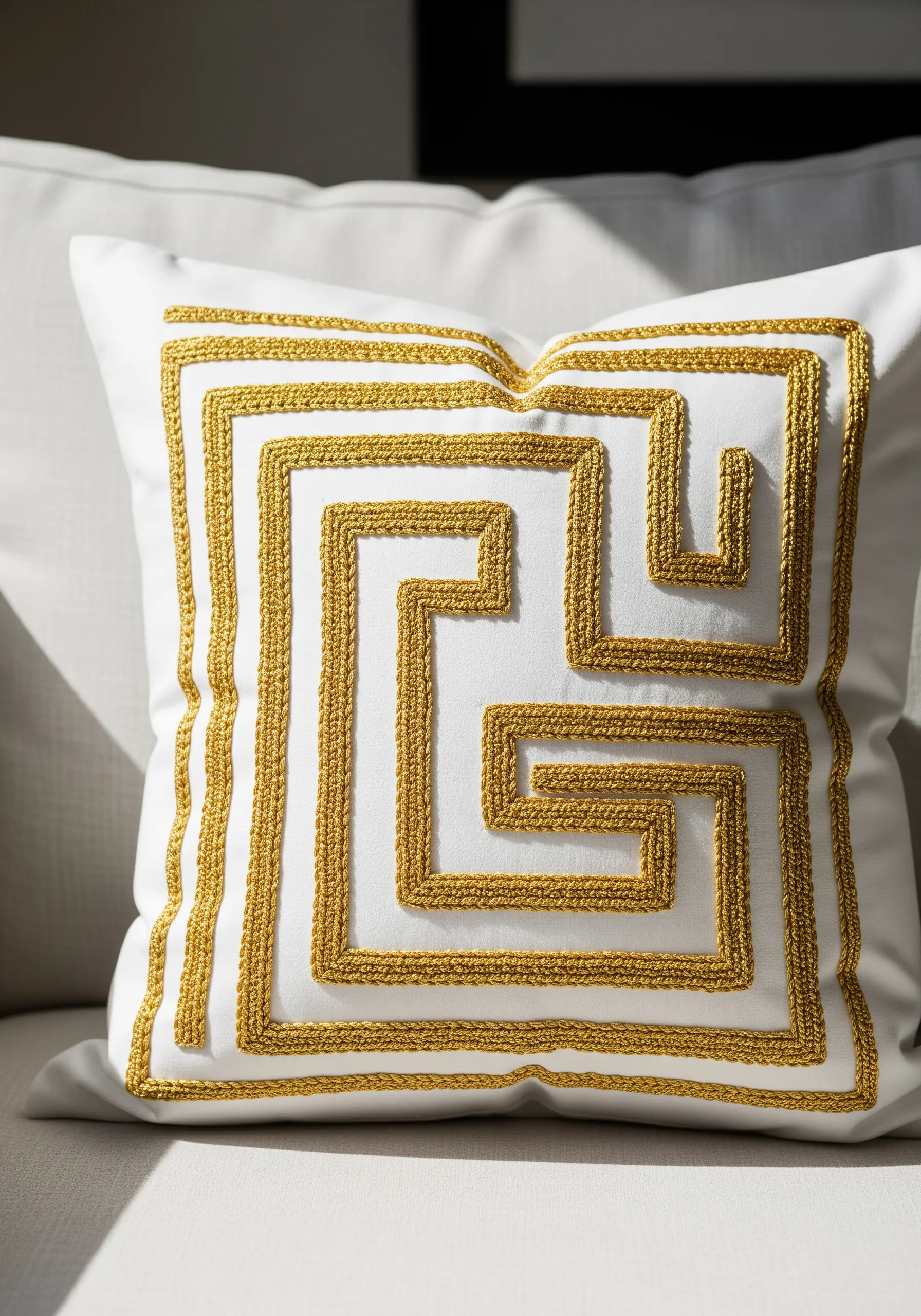 Thick, woven gold thread creates a textured Greek key motif.
