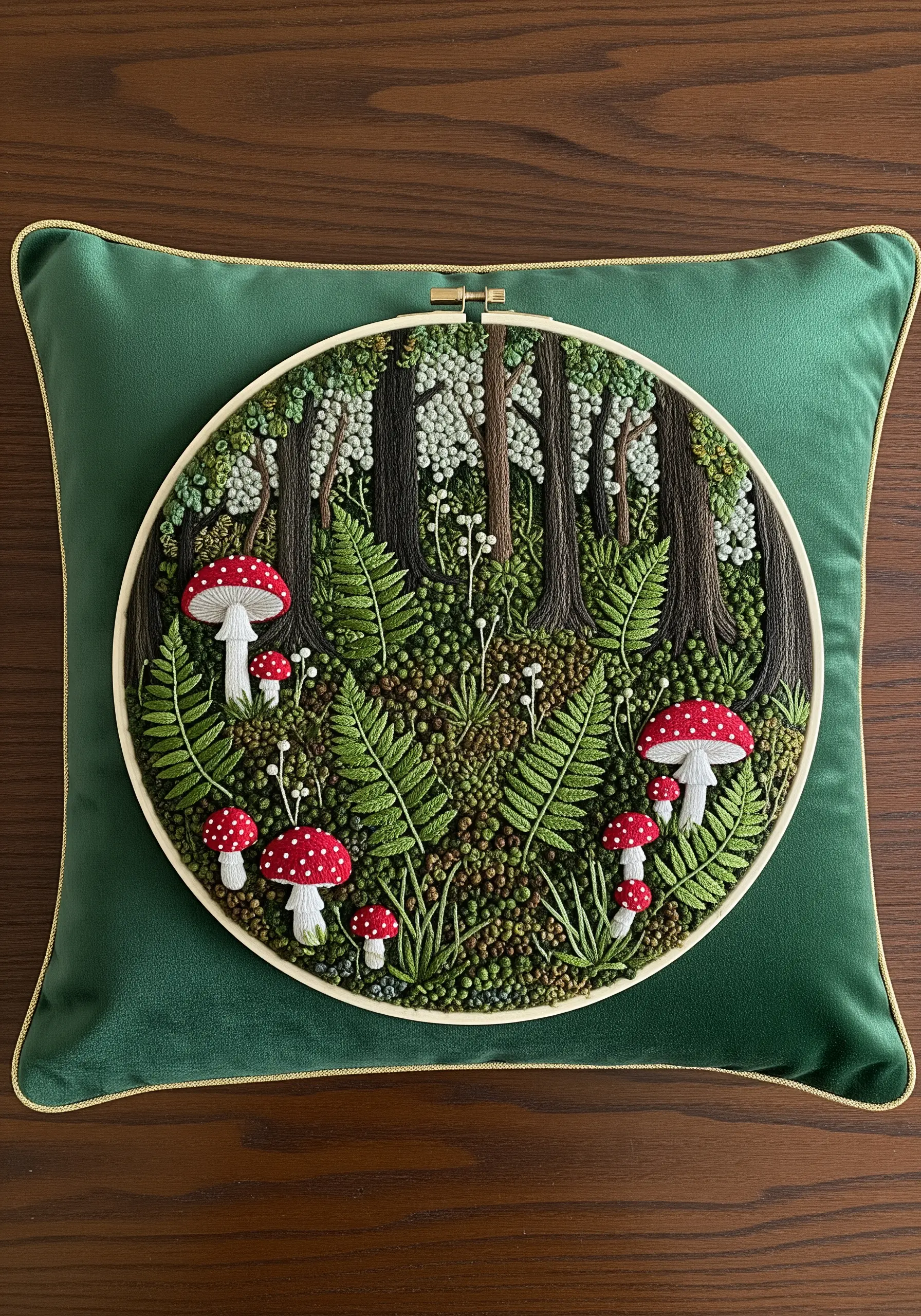 A round embroidery hoop on a green velvet pillow, showing a detailed forest scene with mushrooms.
