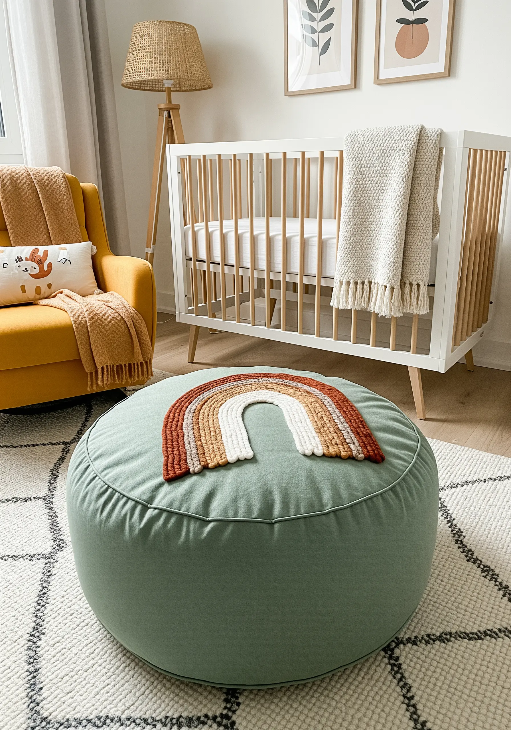 A textured rainbow embroidered on a pouf using various stitches in earthy tones.