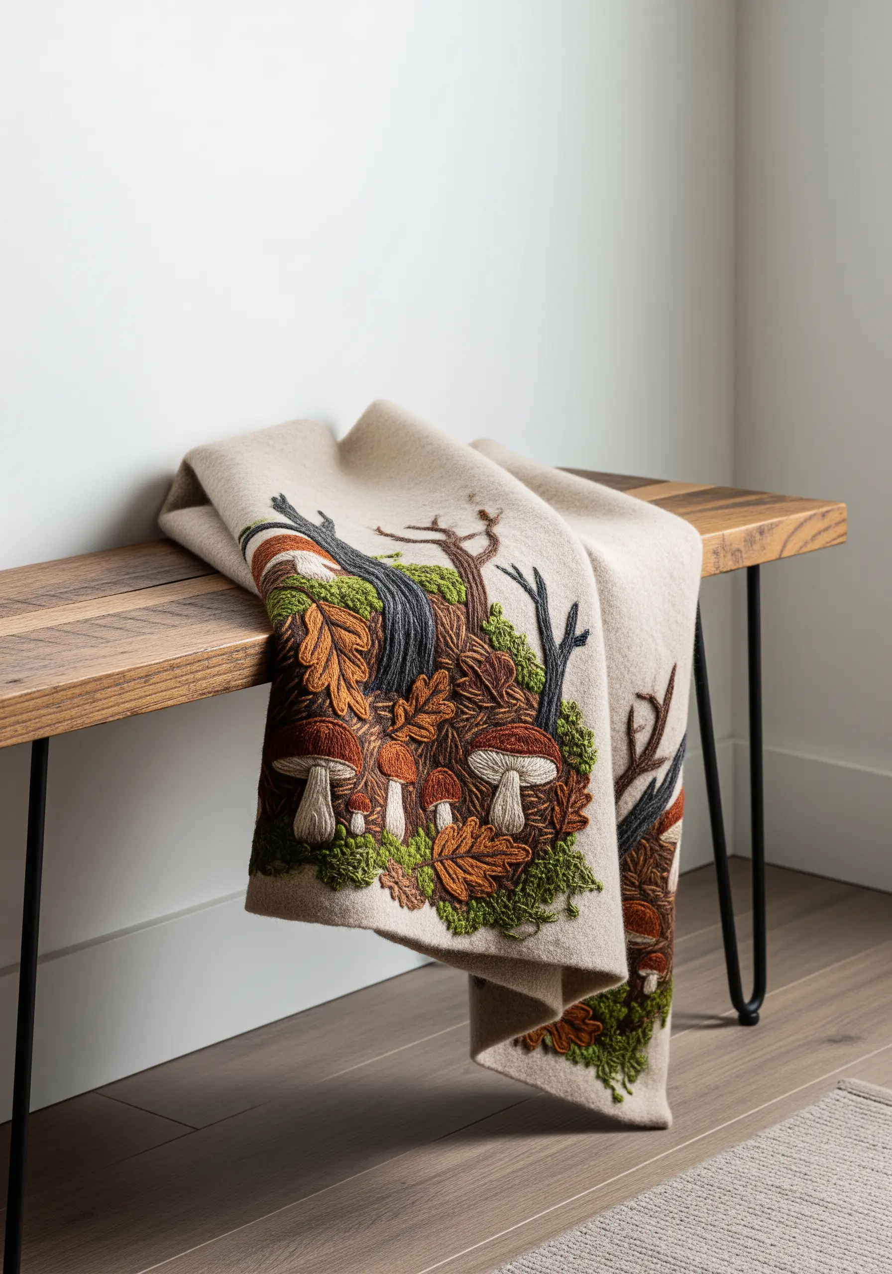 Embroidered woodland scene on a wool blanket with textured mushrooms, leaves, and branches.