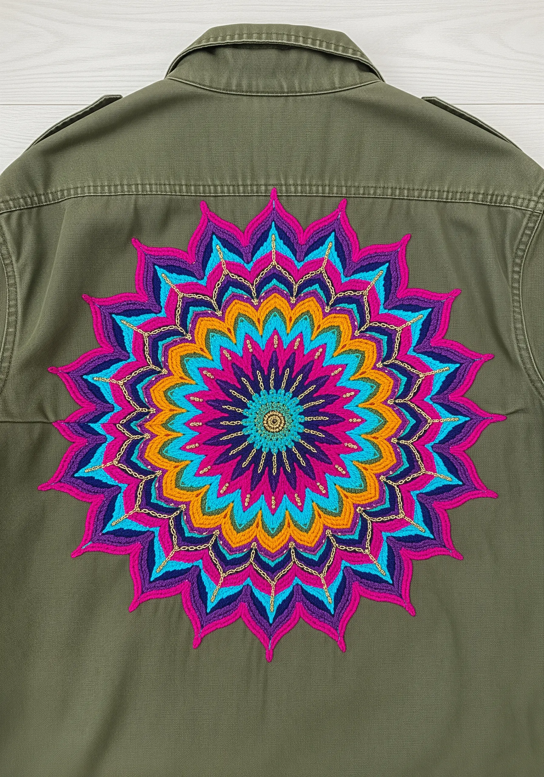 Large, colorful embroidered mandala with gold thread details on a green utility jacket.