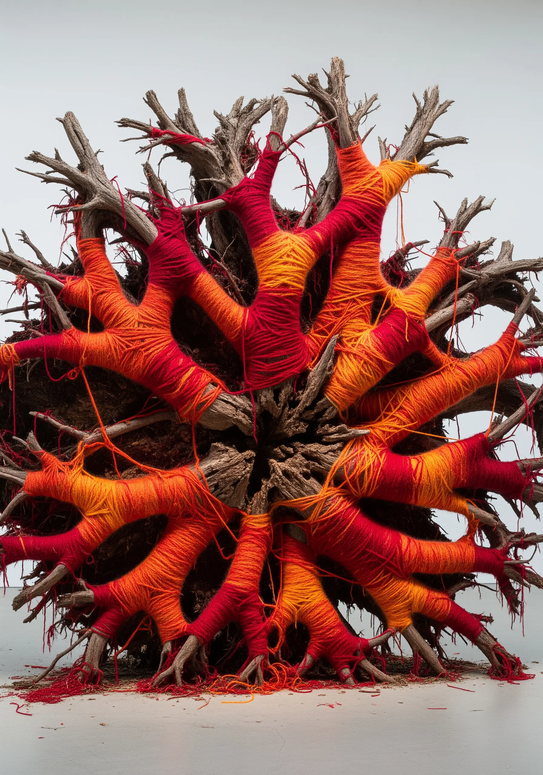 A large tree root sculpture with its branches selectively wrapped in bright red and orange yarn.