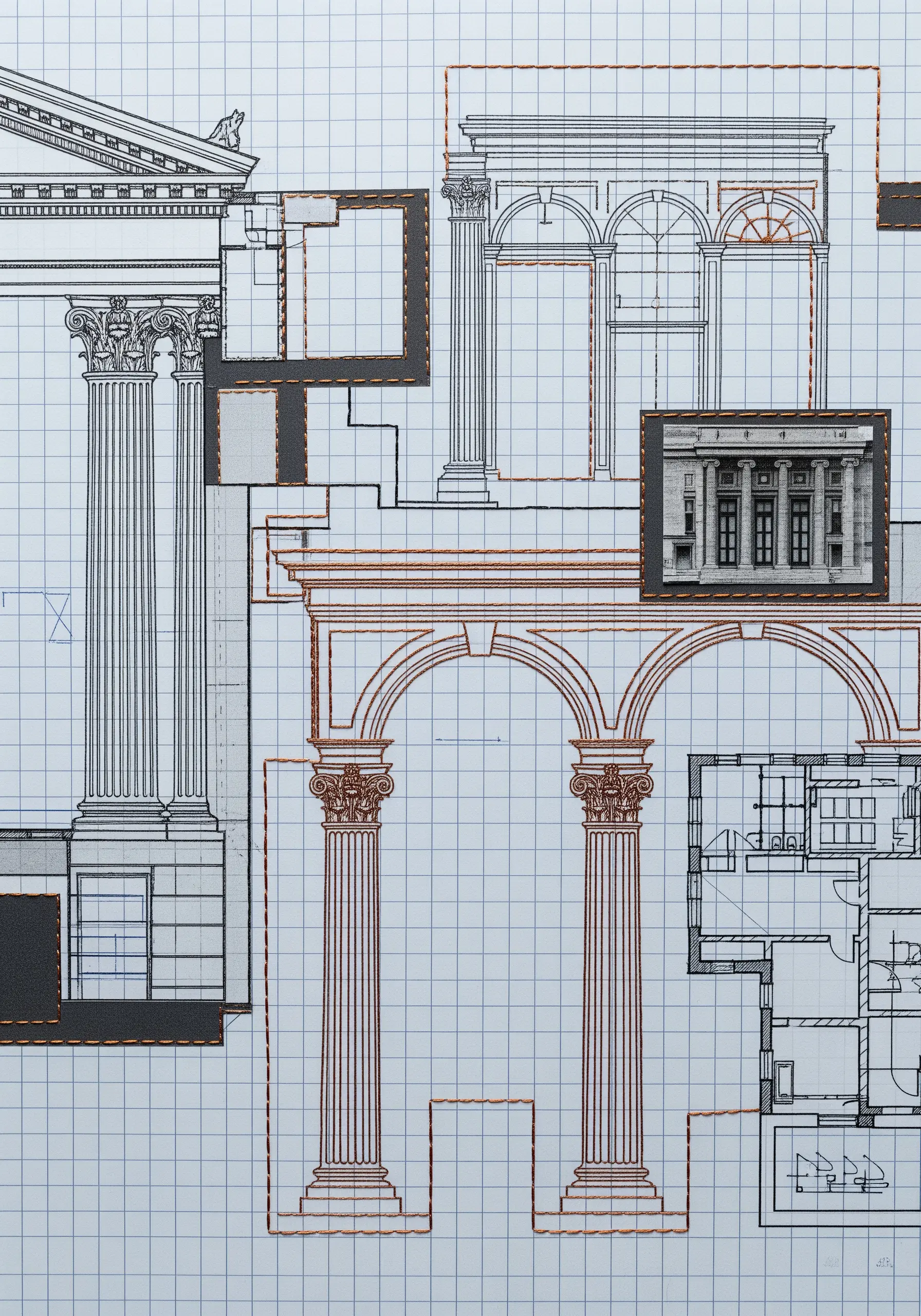 An architectural blueprint with certain elements outlined in a terracotta-colored backstitch.