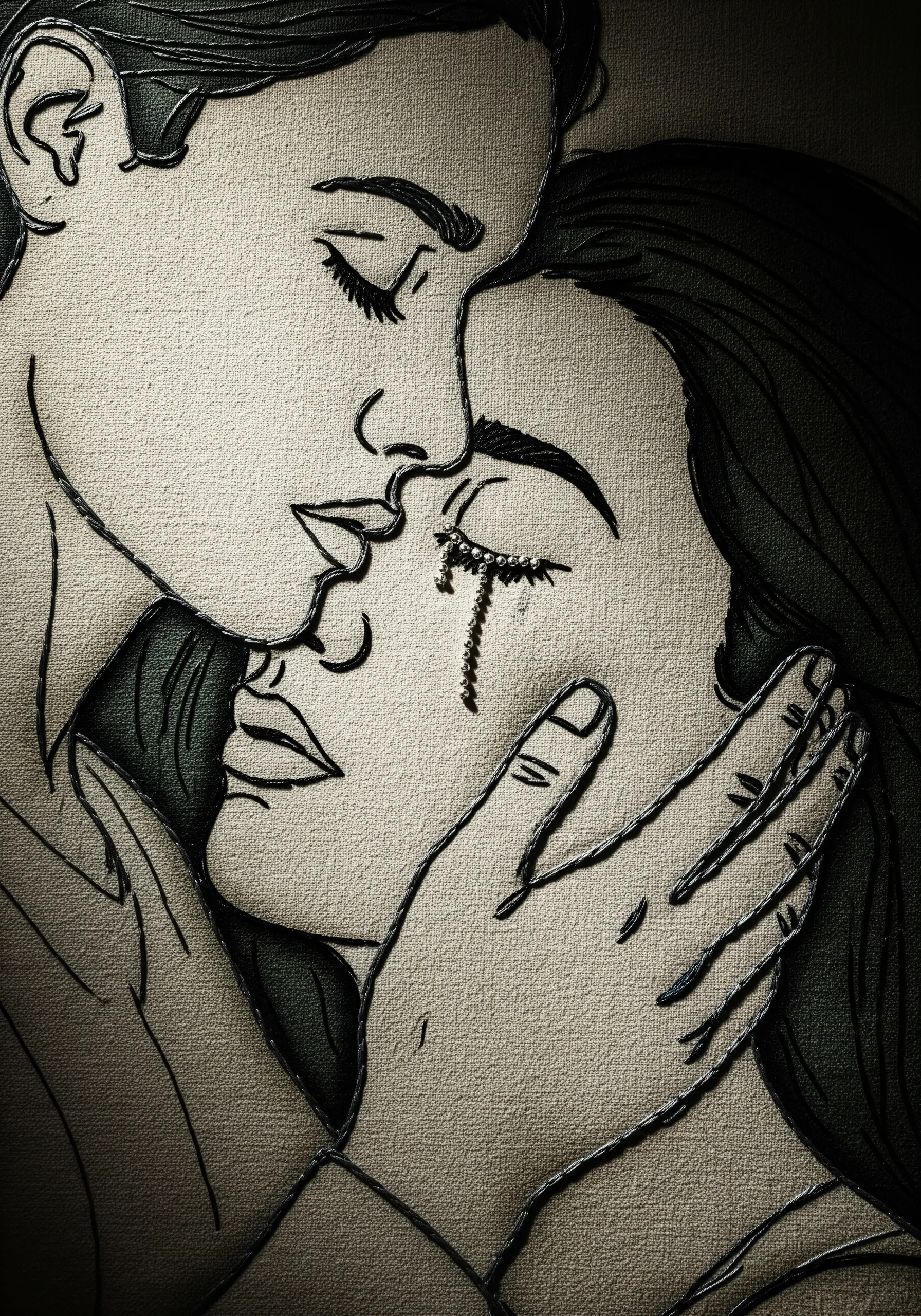 A close-up embroidered portrait of a tender embrace, with a single tear stitched in metallic thread.