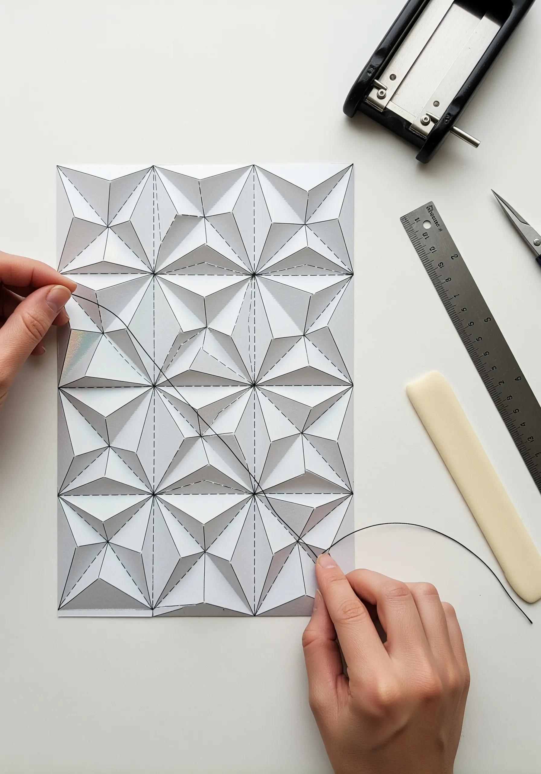 A geometric, 3D folded paper tessellation with its fold lines being traced with black thread.