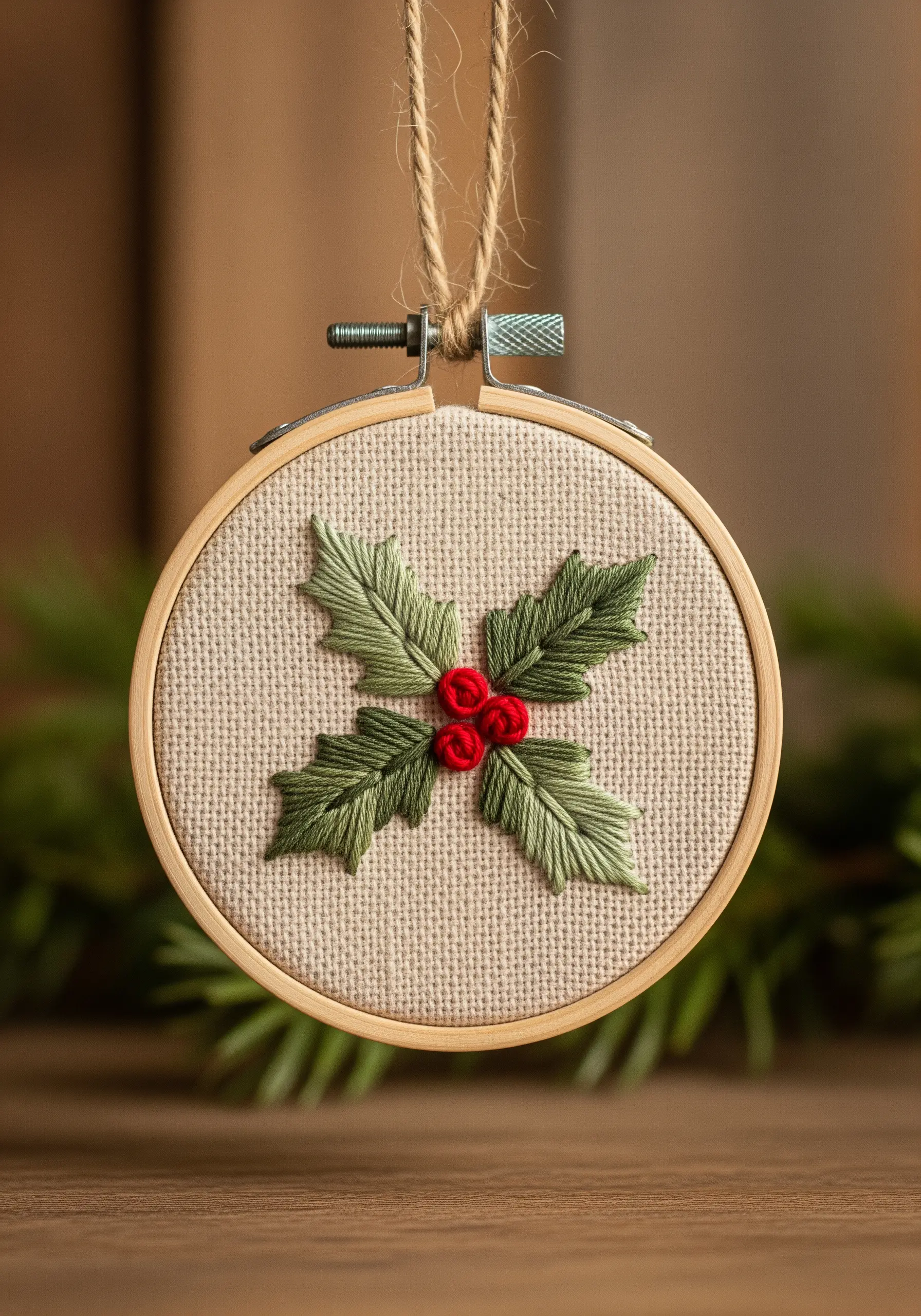 An embroidered holly motif with green satin-stitched leaves and red berries in a small hoop.