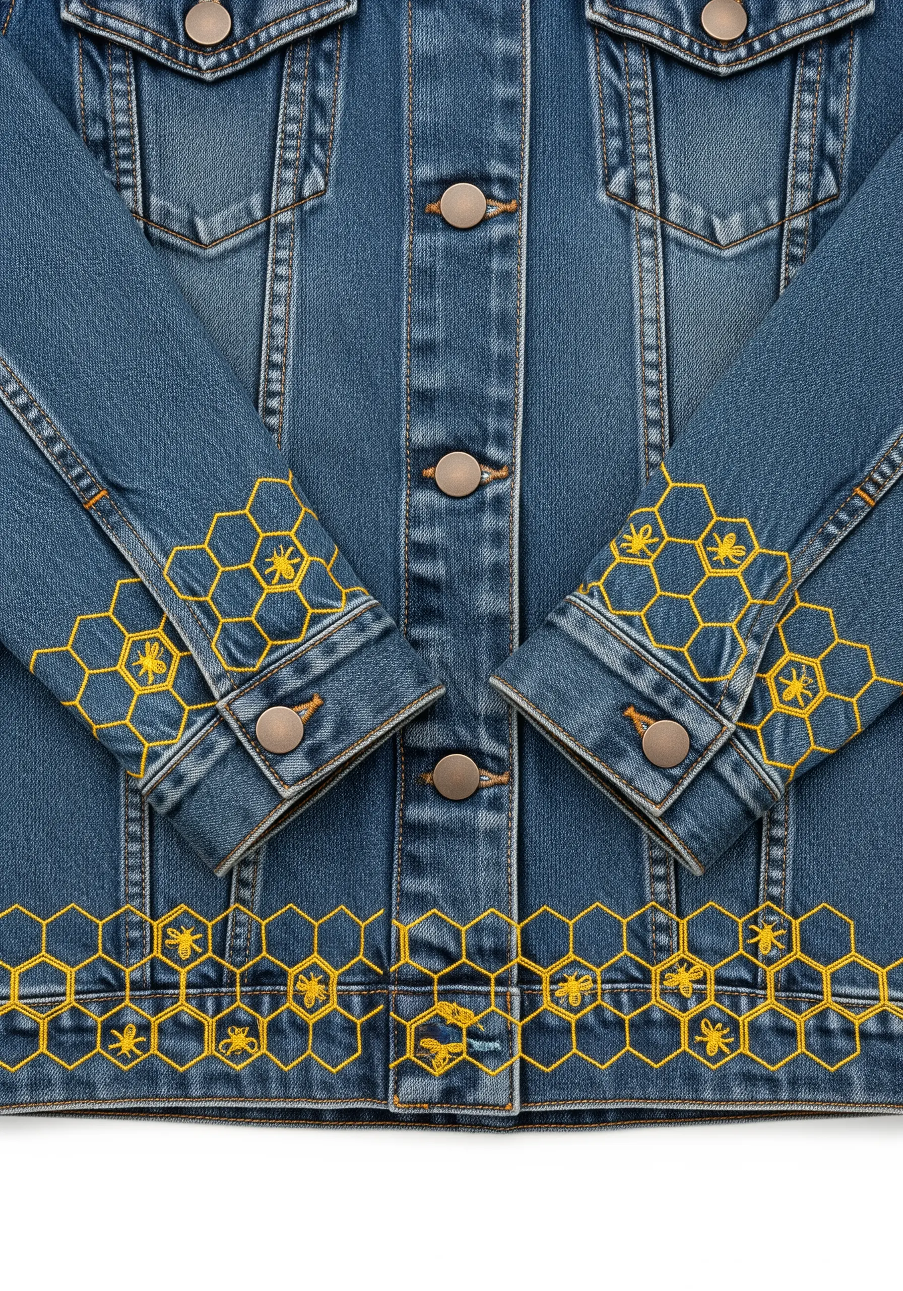 Yellow honeycomb pattern with small bees embroidered on the hem and cuffs of a jacket.