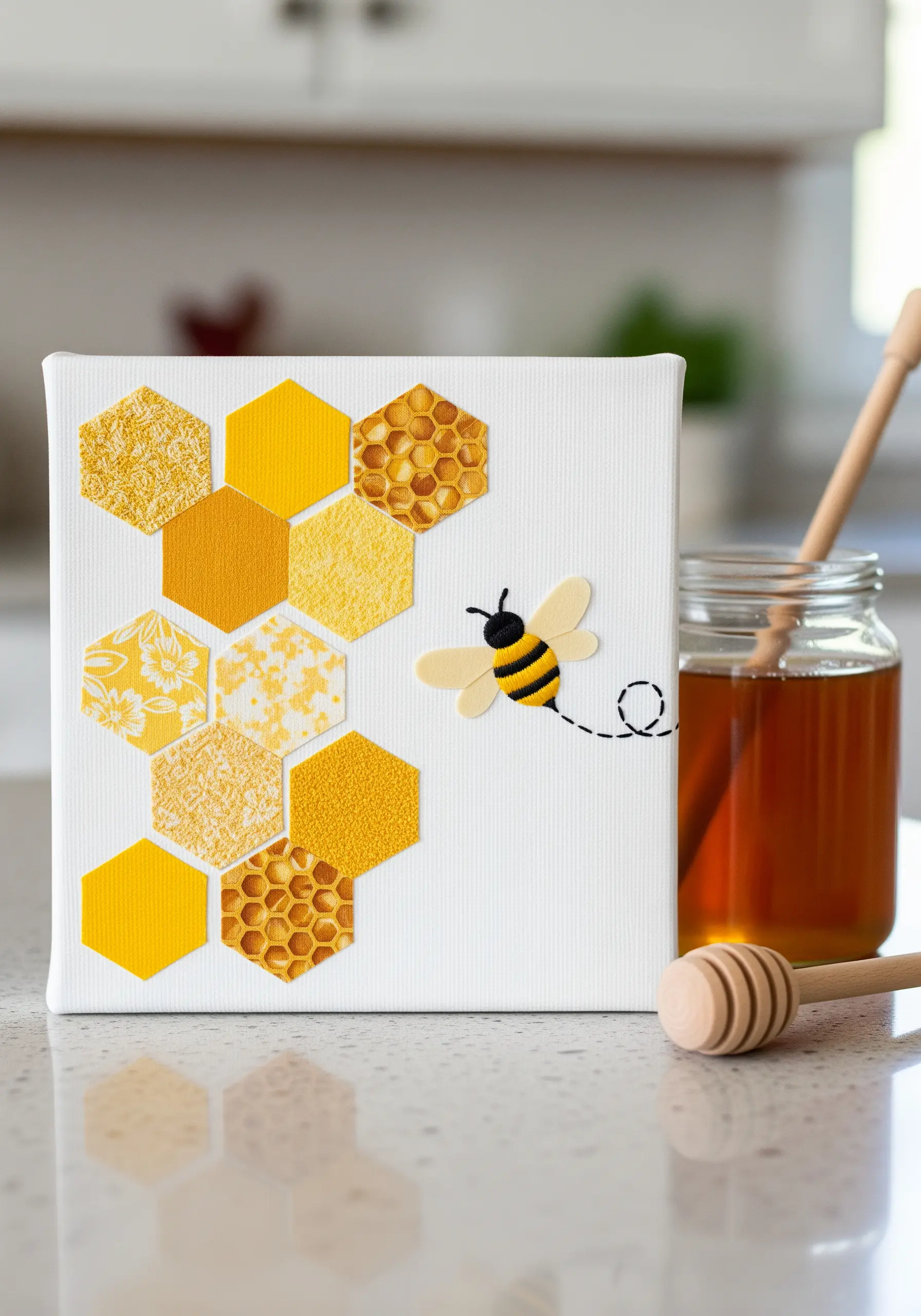 A honeycomb pattern made from yellow fabric hexagons with a small felt bee.