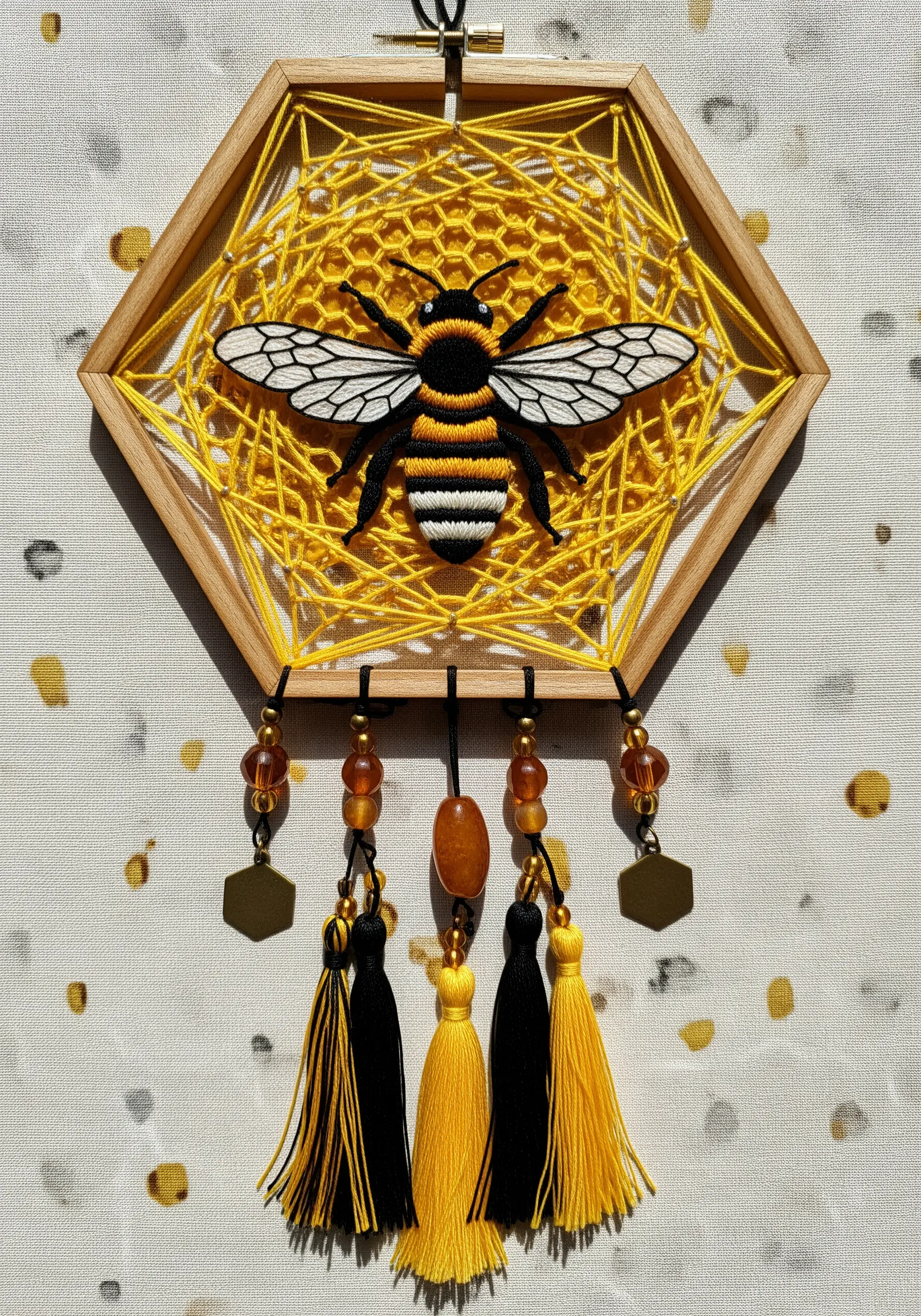 Embroidered bee on a yellow string art honeycomb in a hexagonal hoop.
