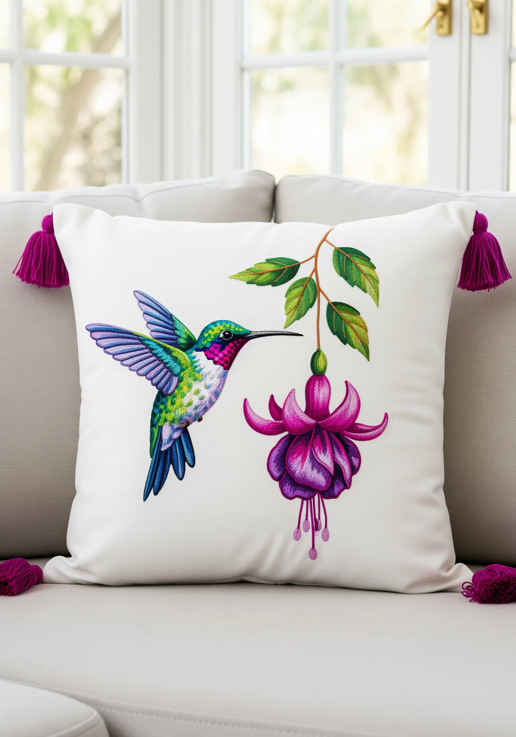 A detailed, thread-painted hummingbird and fuchsia flower on a white pillow.