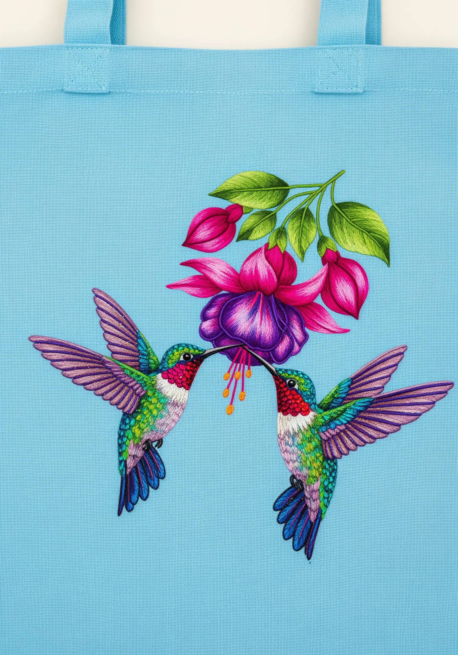 Two colorful, intricately embroidered hummingbirds drinking nectar from a pink and purple fuchsia flower.