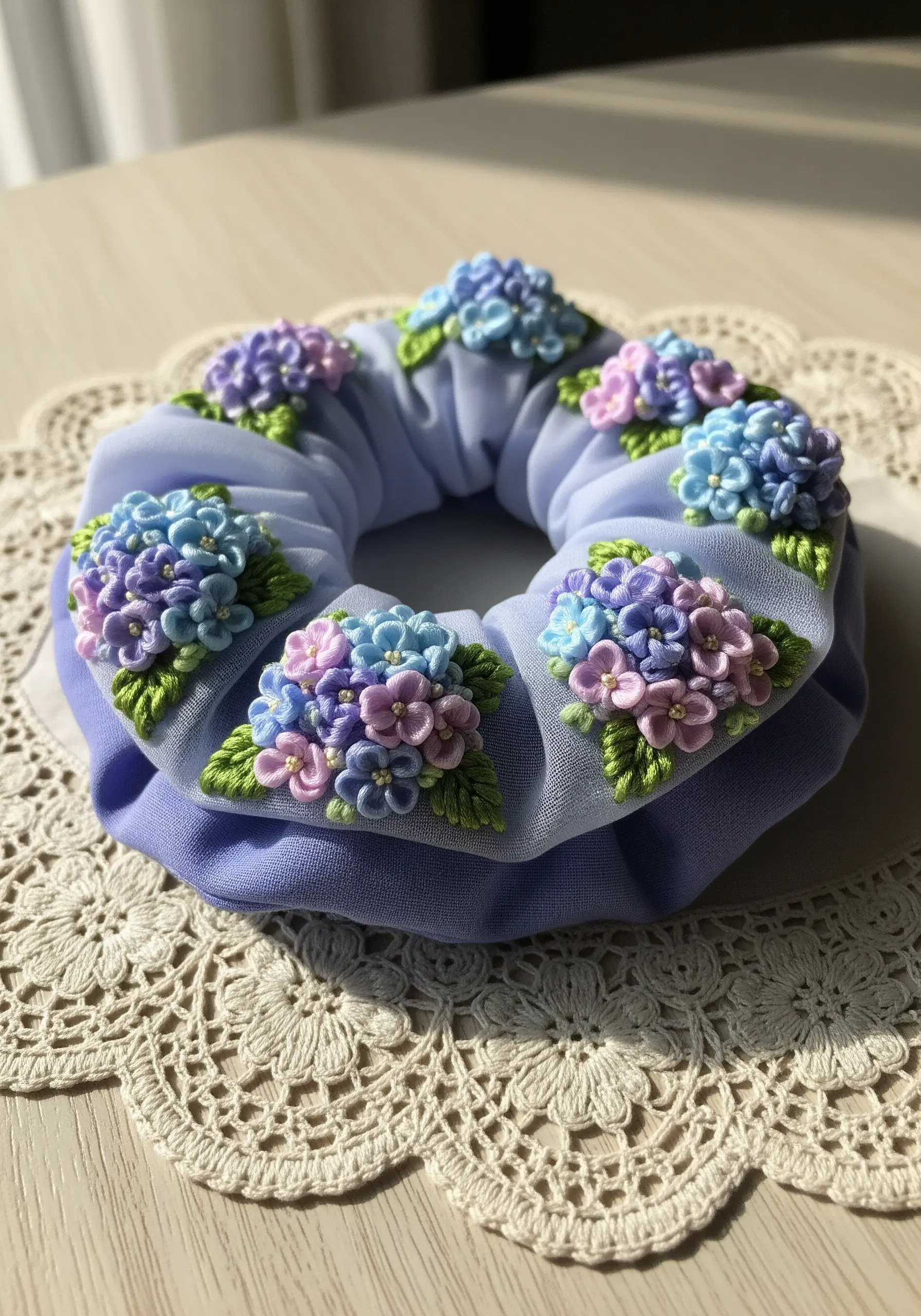 Blue and purple hydrangea embroidery on periwinkle scrunchie