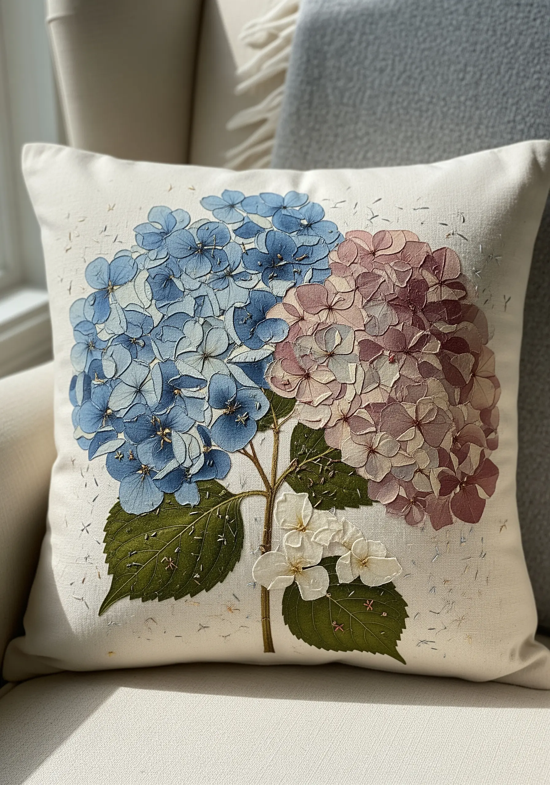 Close-up of a pillow embroidered with blue and pink hydrangea flowers made from fabric appliqué.
