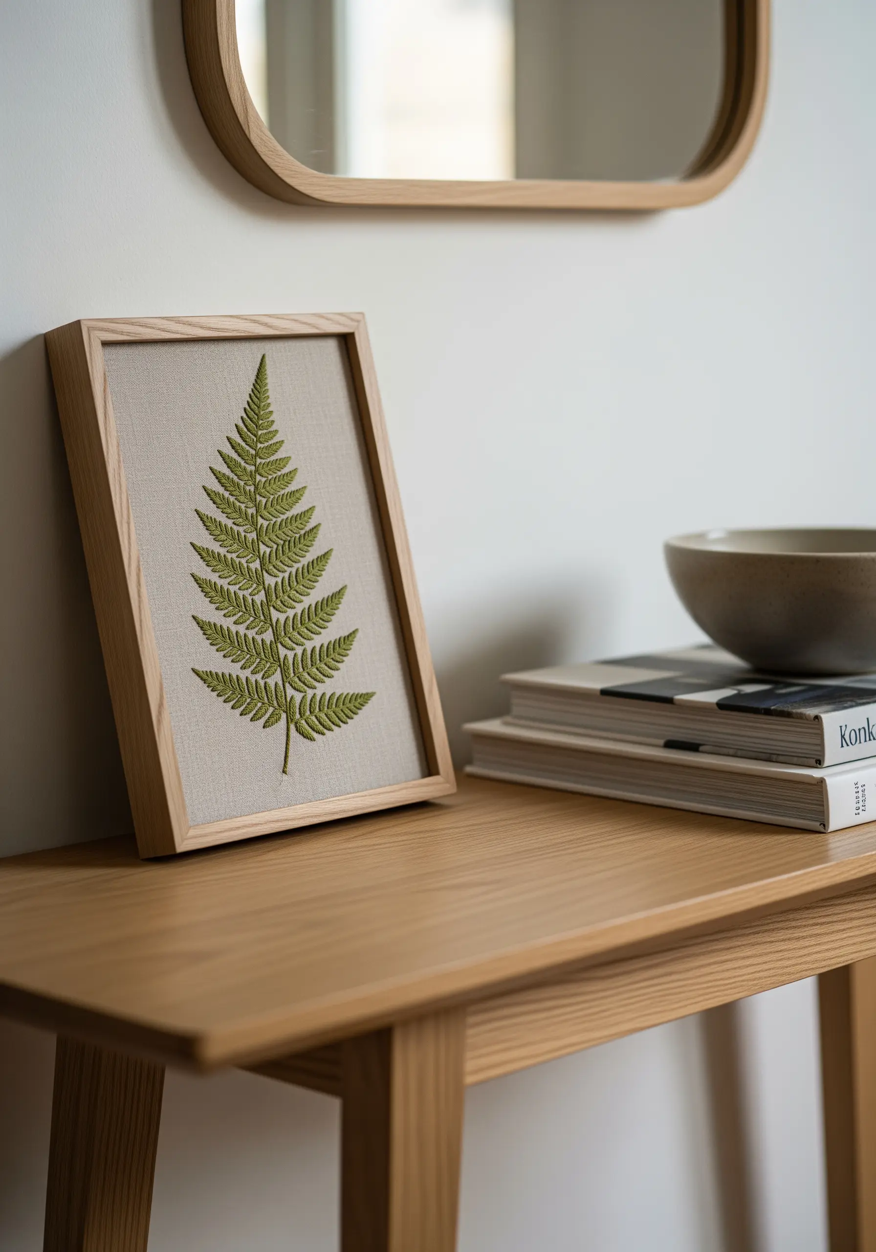 A highly detailed, realistic embroidery of a single green fern leaf on neutral linen.
