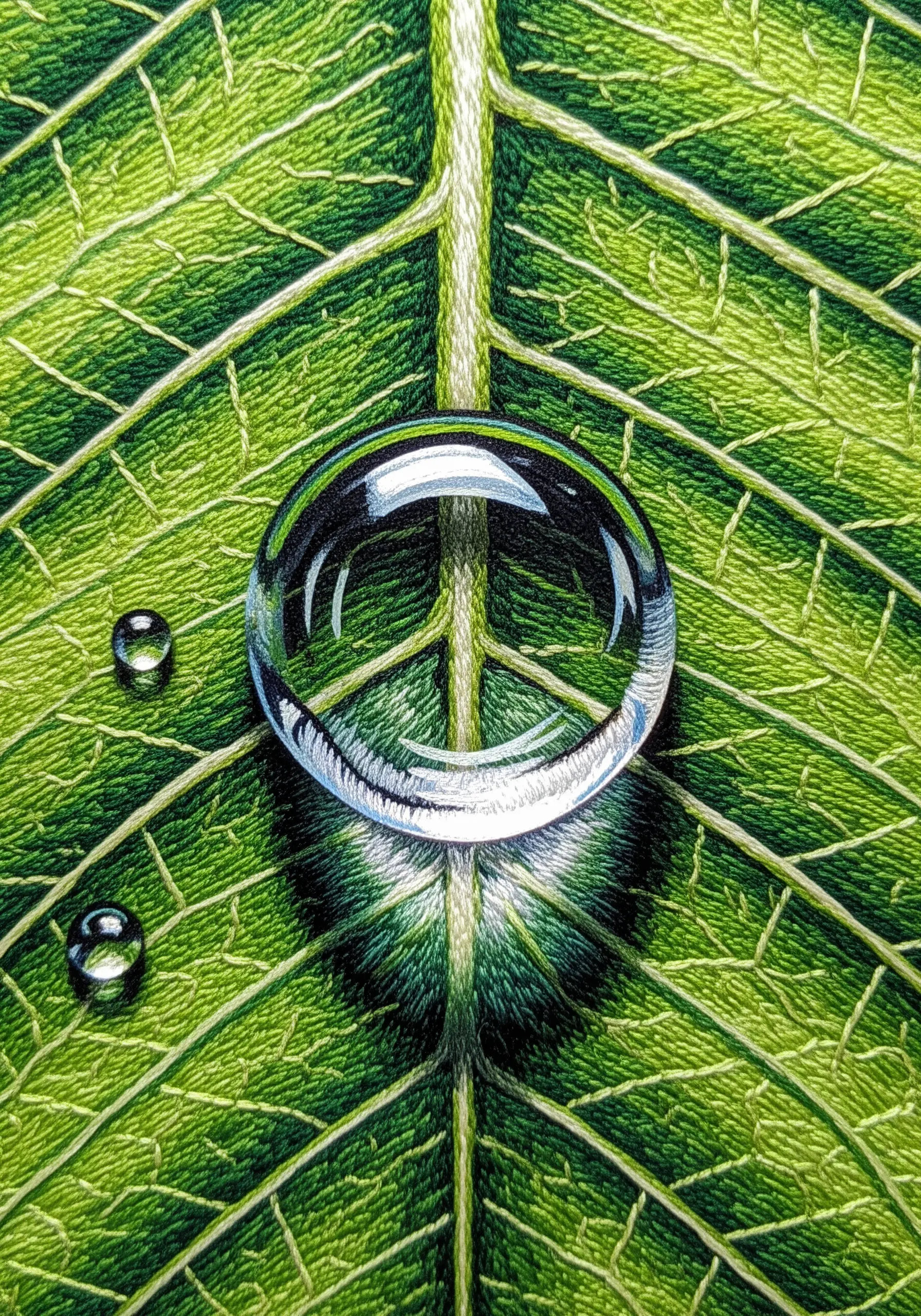 Hyper-realistic embroidered water drop on a green leaf with detailed reflections.