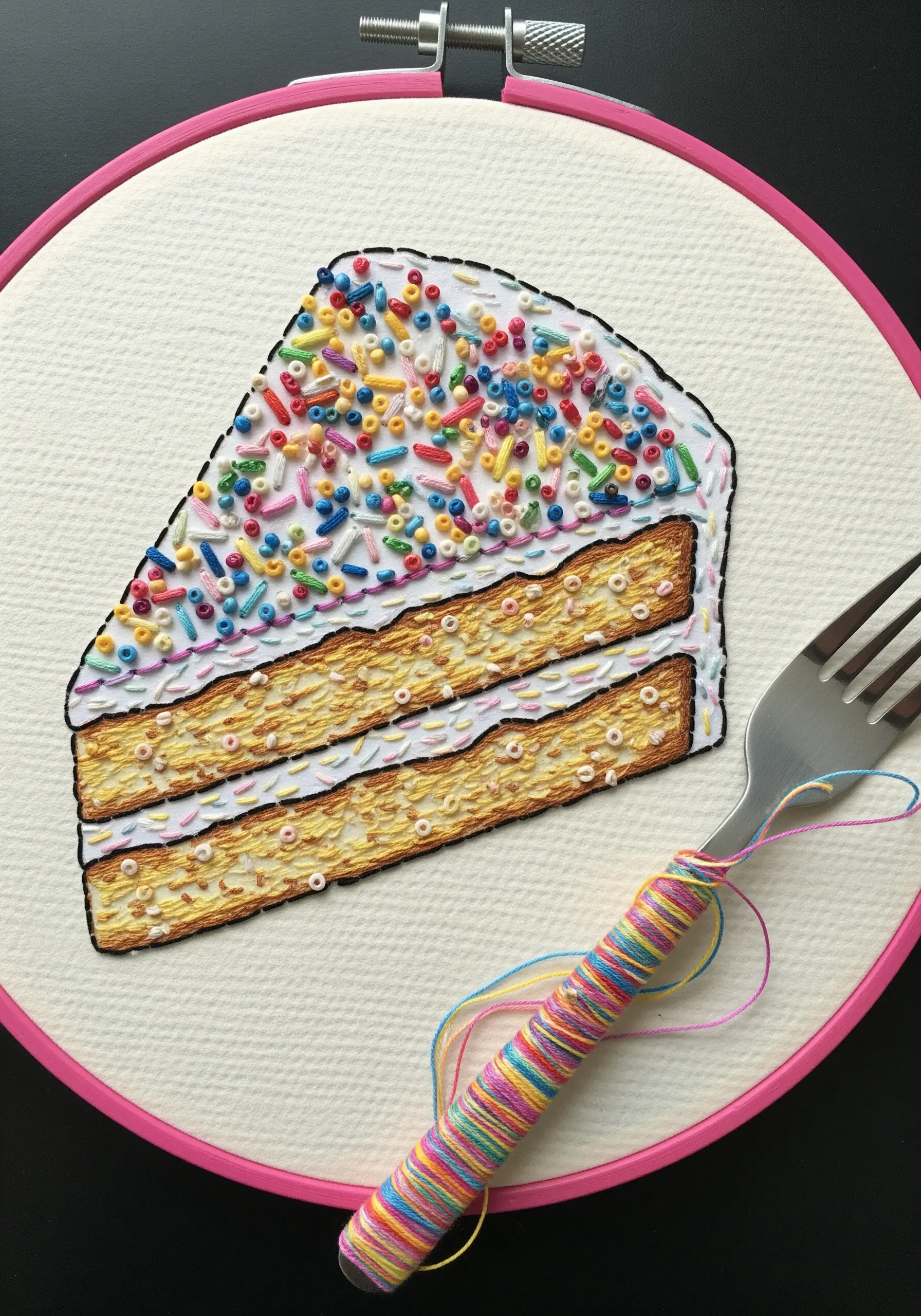 A slice of cake embroidered in a hoop, with French knots and straight stitches for texture.