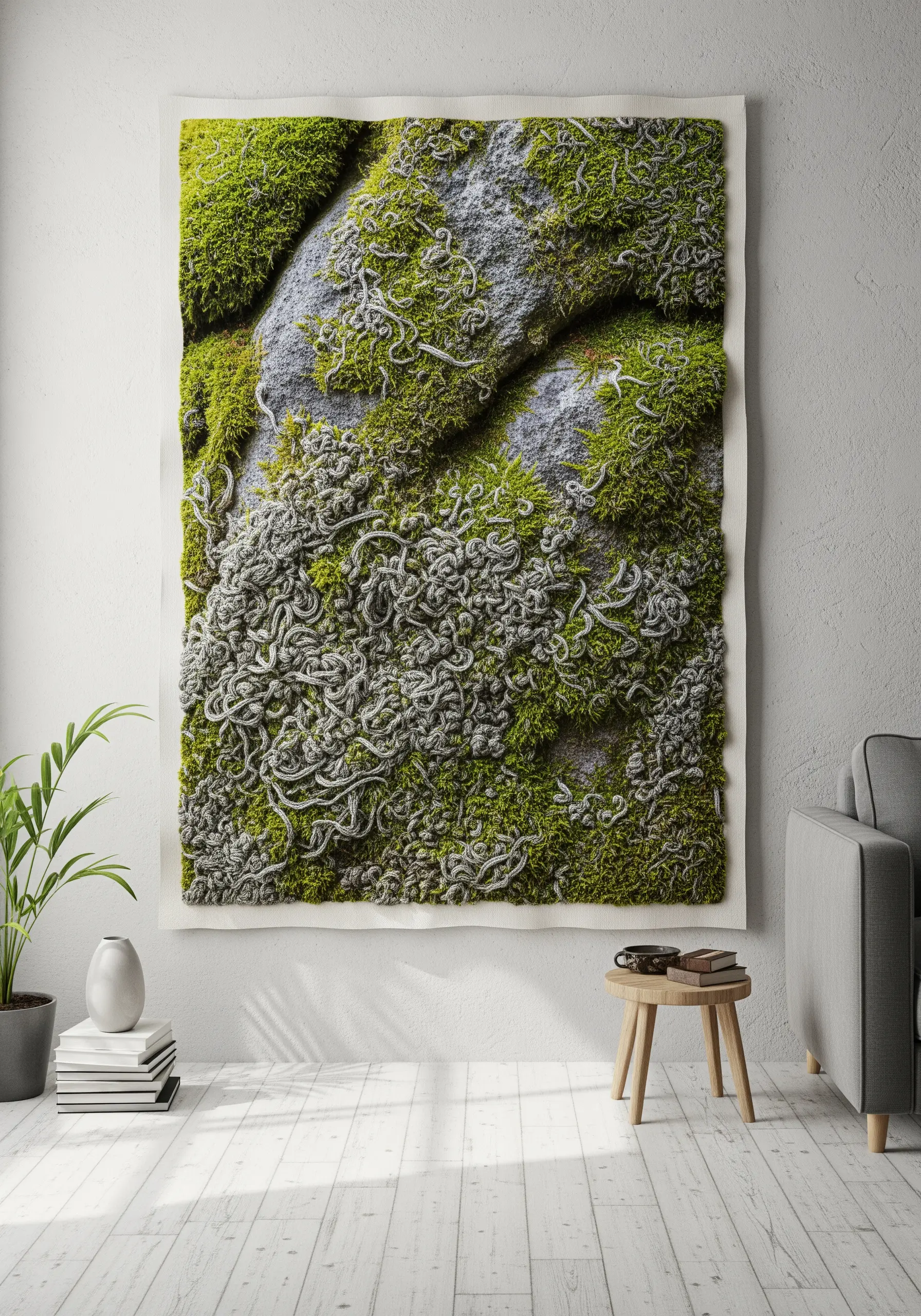 A large textile wall hanging with hyper-realistic, 3D embroidered moss and lichen on a gray rock.