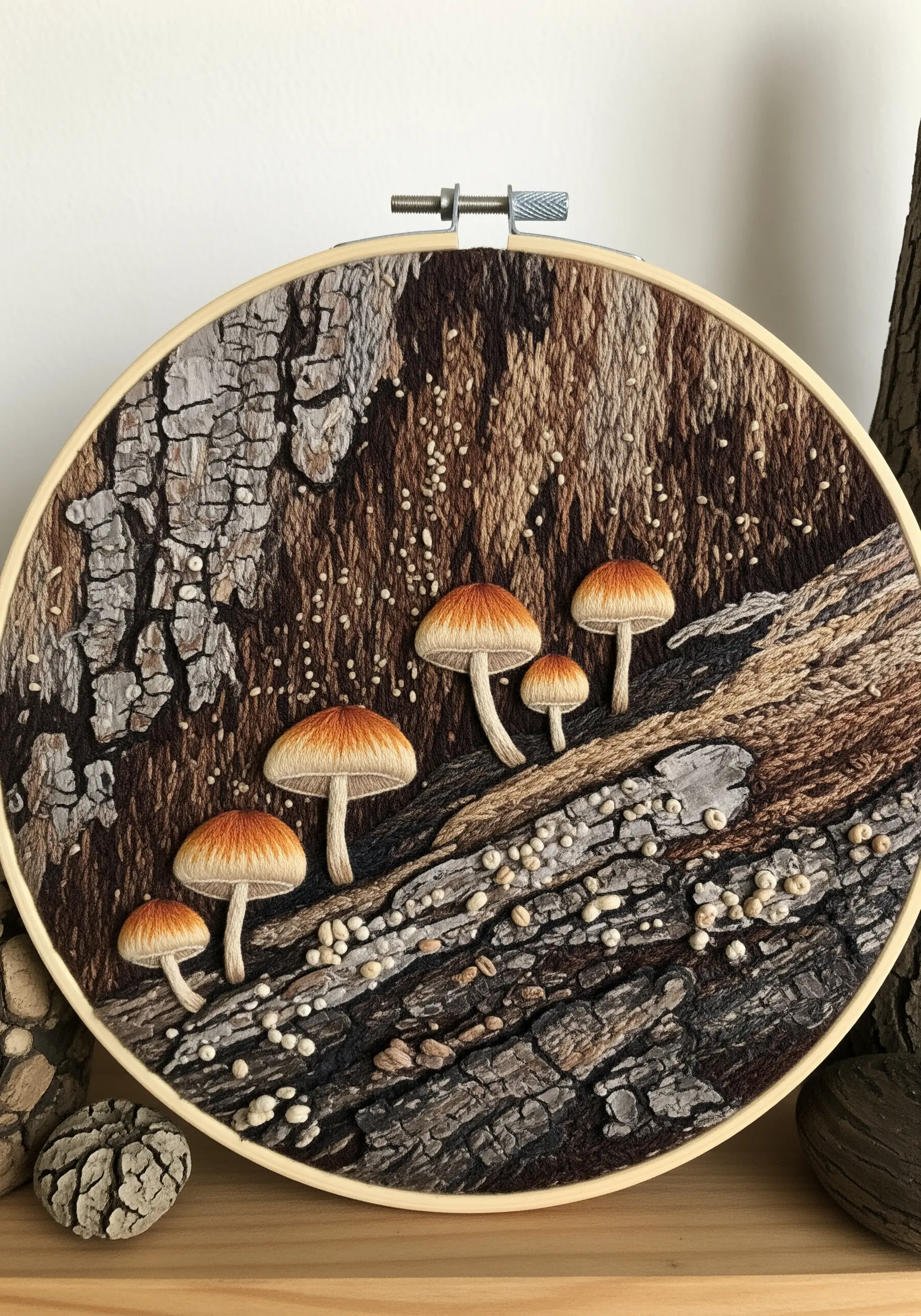 Hyperrealistic embroidery of tree bark with thread painting and dimensional stumpwork mushrooms.
