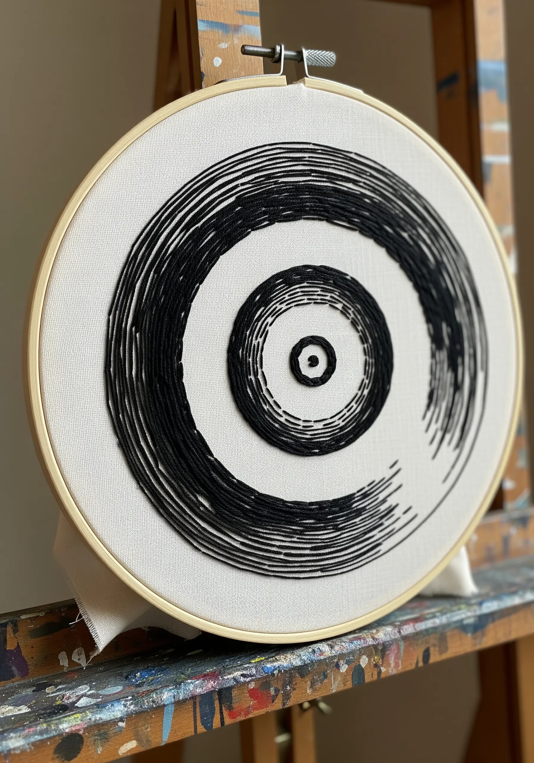 Black concentric circle embroidery on white fabric