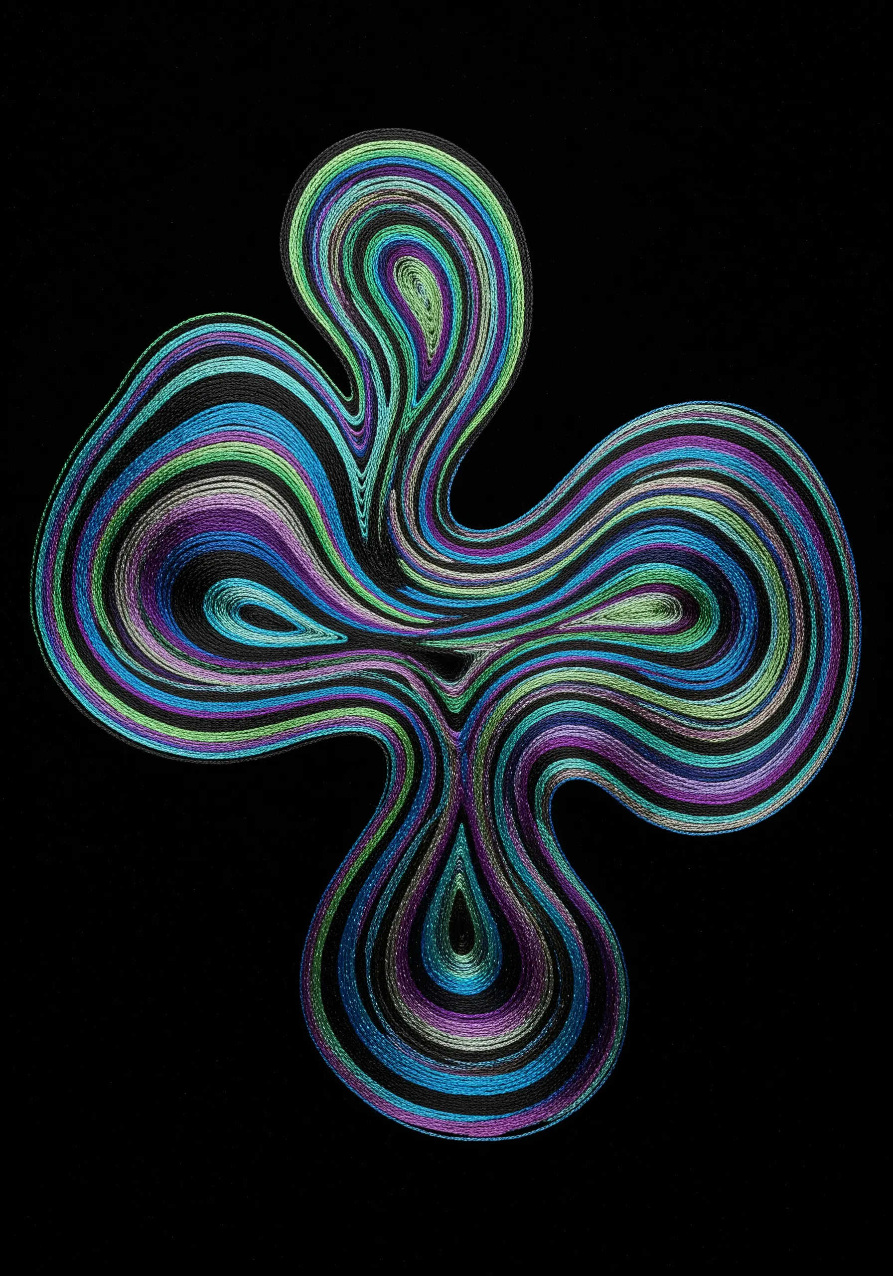 A mesmerizing abstract shape created with rows of couched, multi-colored threads on black fabric.