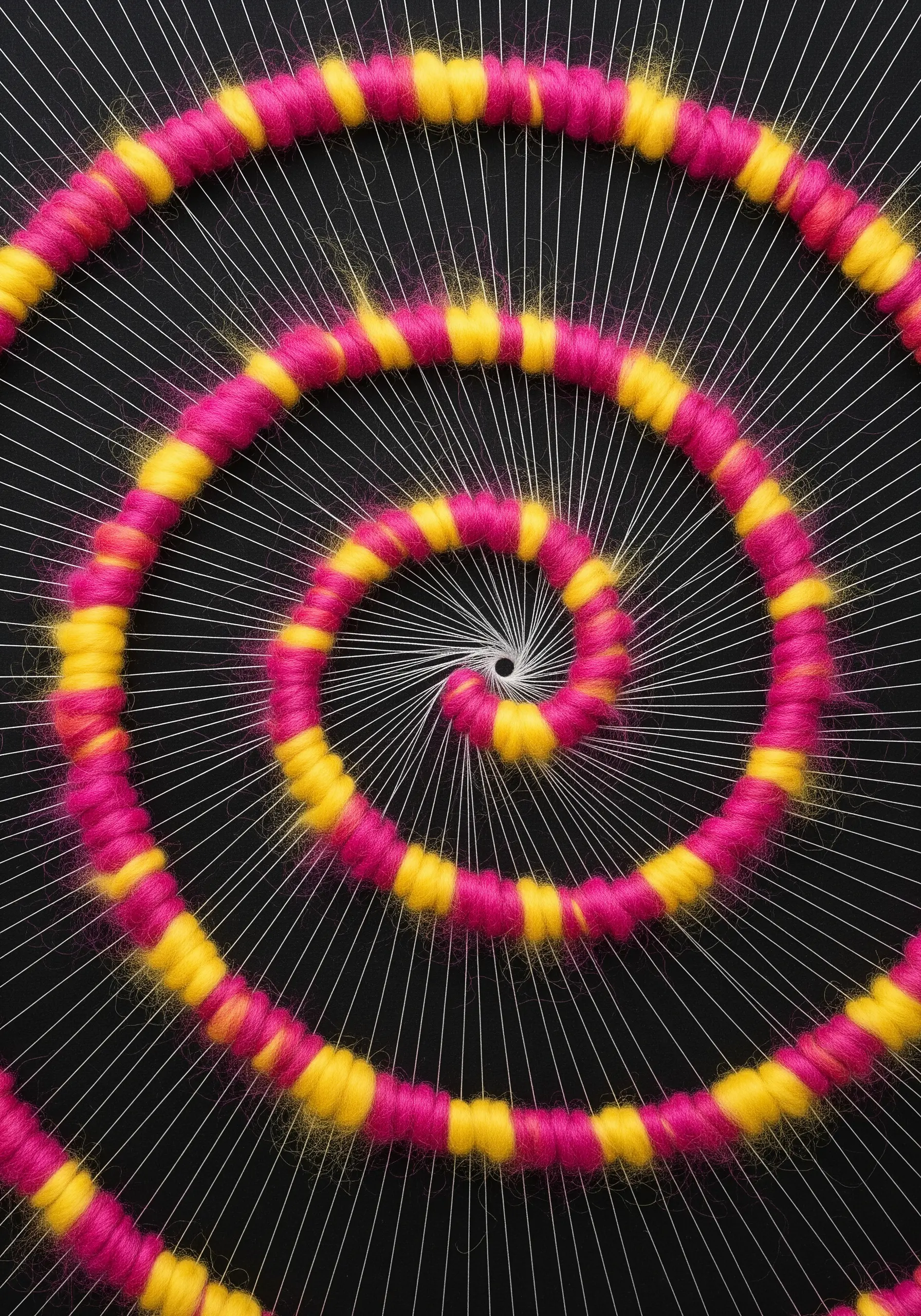 A vibrant string art spiral with pink and yellow yarn woven through a radial thread structure.