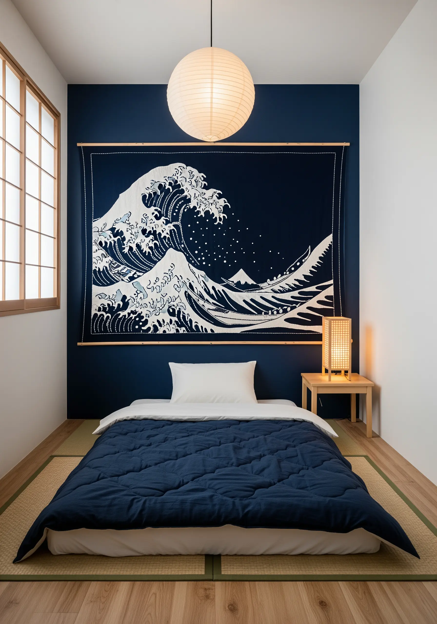A large tapestry of 'The Great Wave' embroidered in white on dark blue fabric.