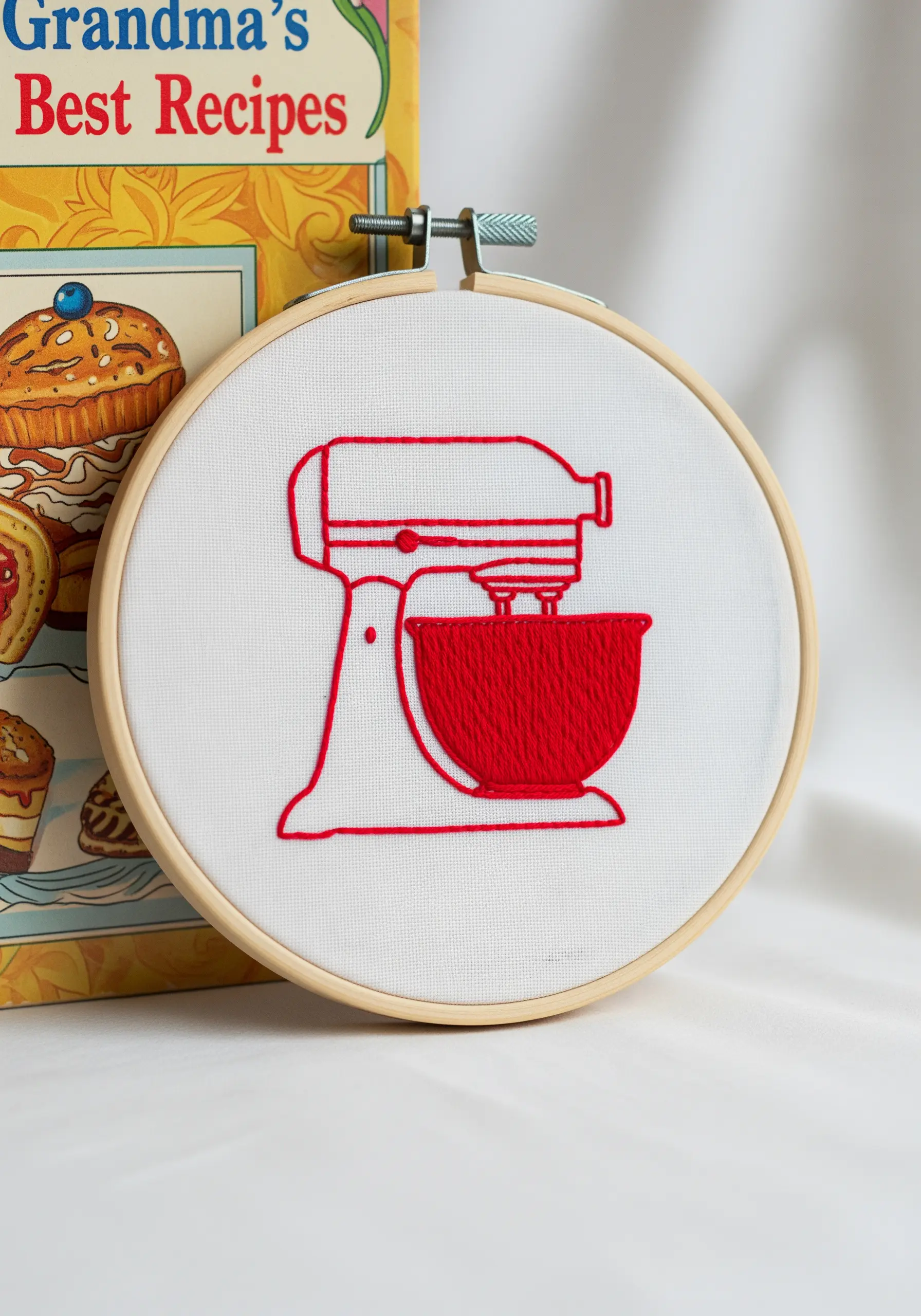 Red outline embroidery of a classic stand mixer
