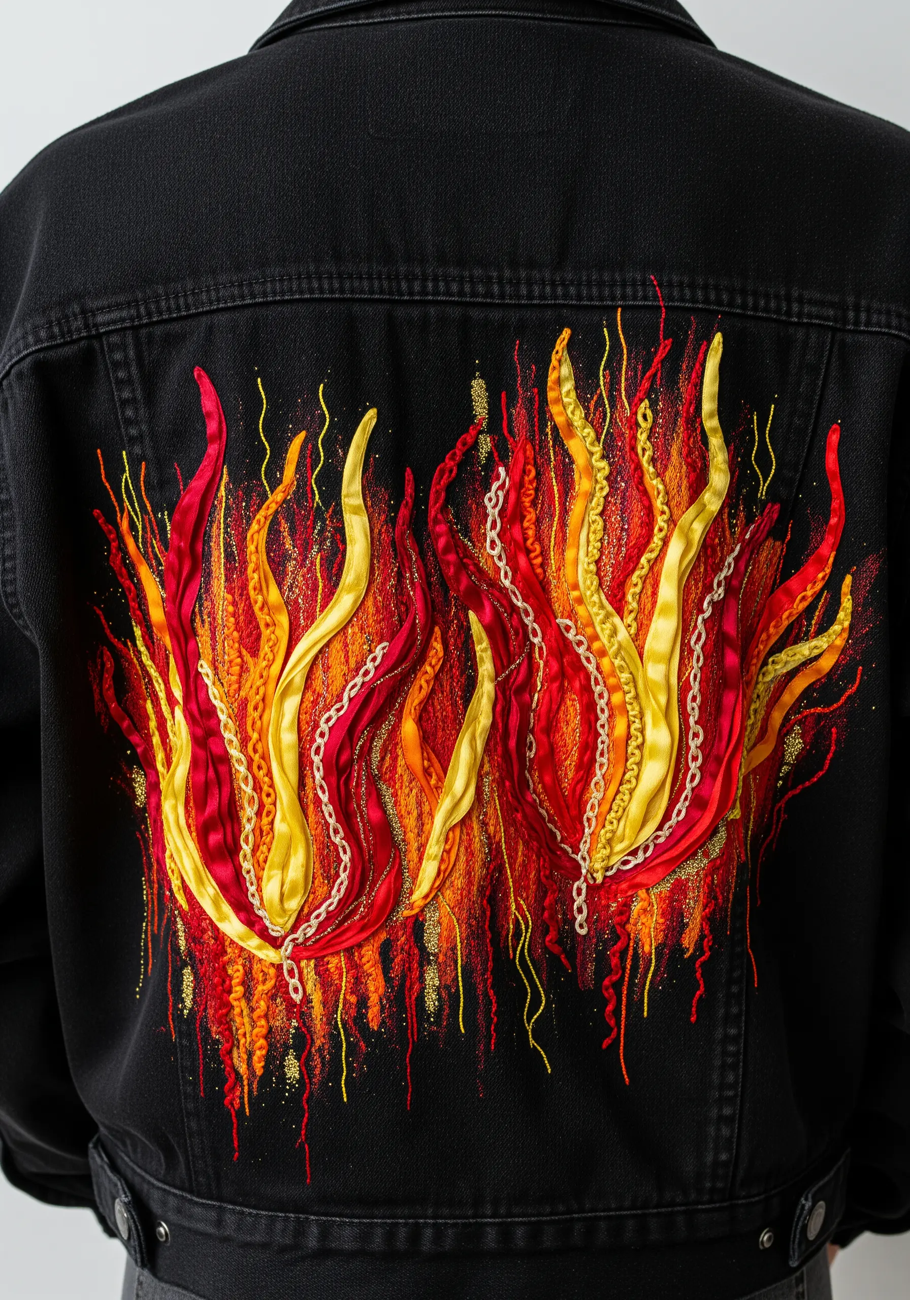 Vibrant flames embroidered on the back of a black denim jacket using ribbon, chain, and thread.