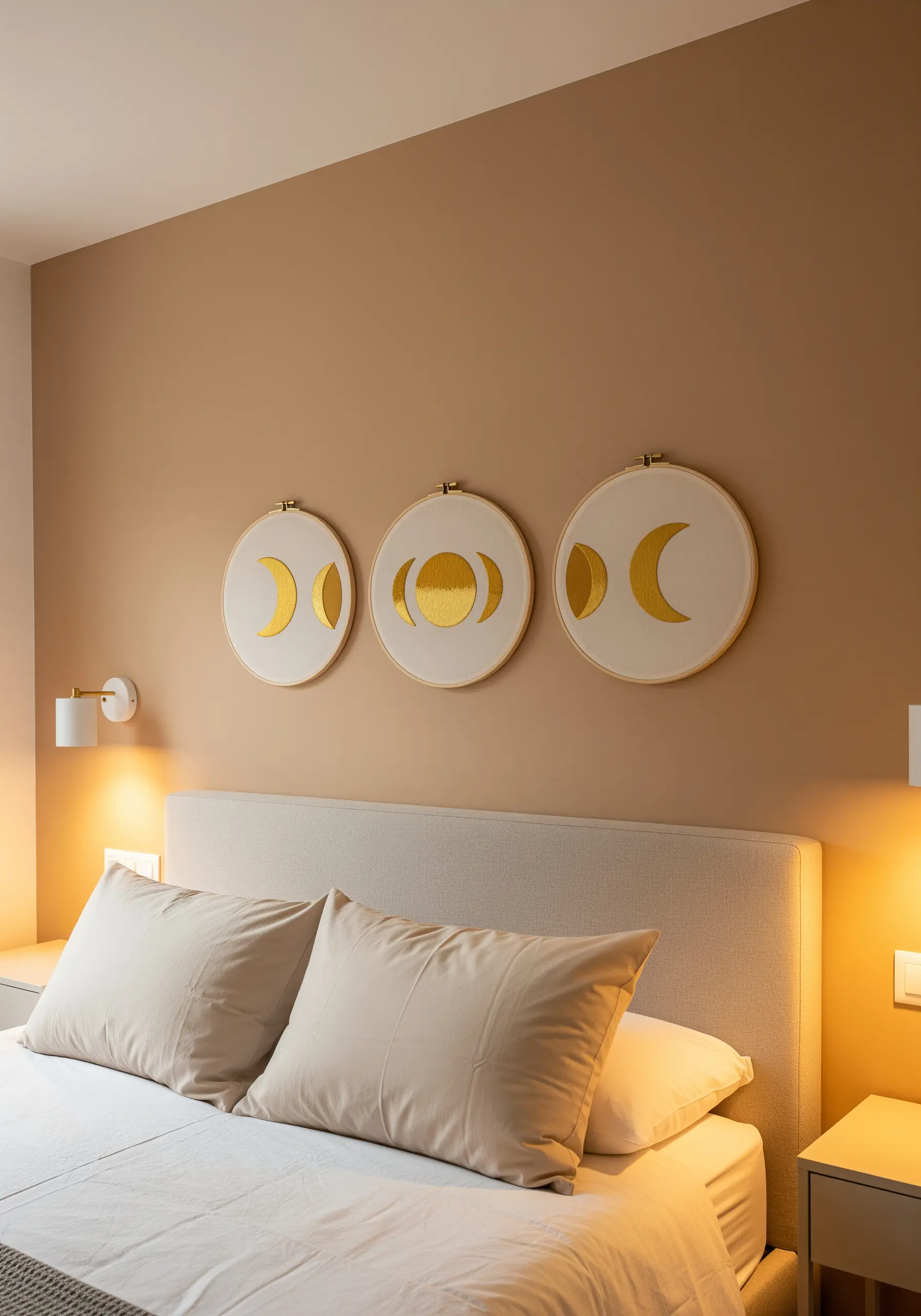 Three embroidery hoops showing moon phases in gold satin stitch, hung above a neutral headboard.