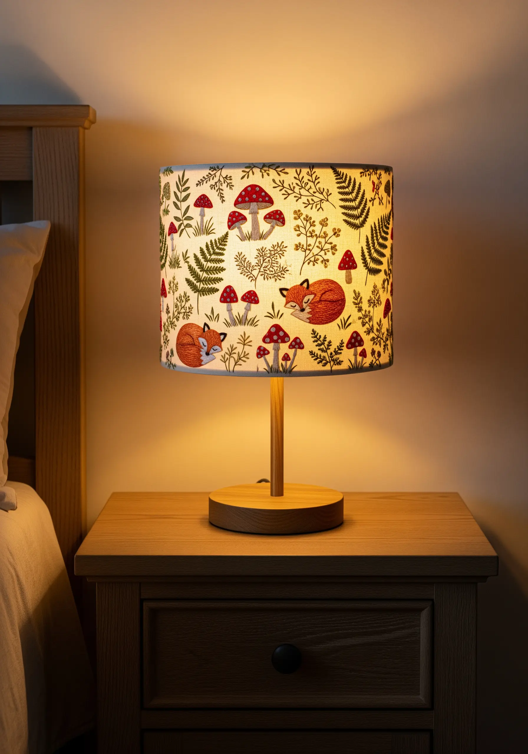 A warm-toned lampshade with a repeating pattern of foxes, mushrooms, and ferns.