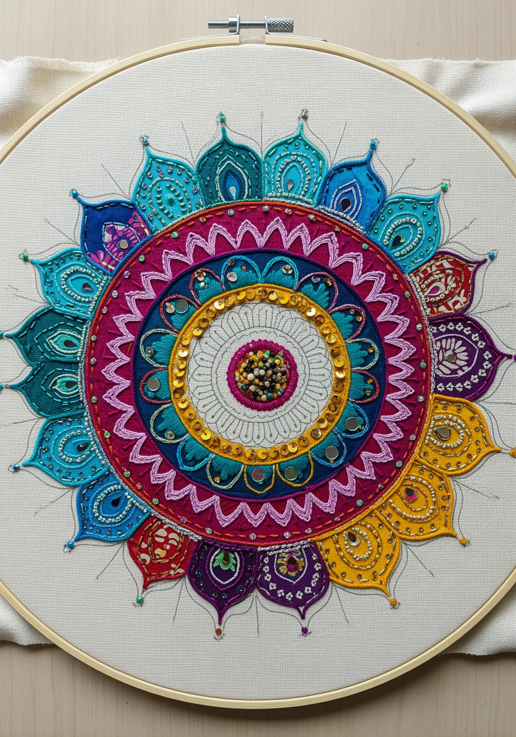 A vibrant, detailed embroidered mandala embellished with gold sequins, beads, and tiny mirrors.