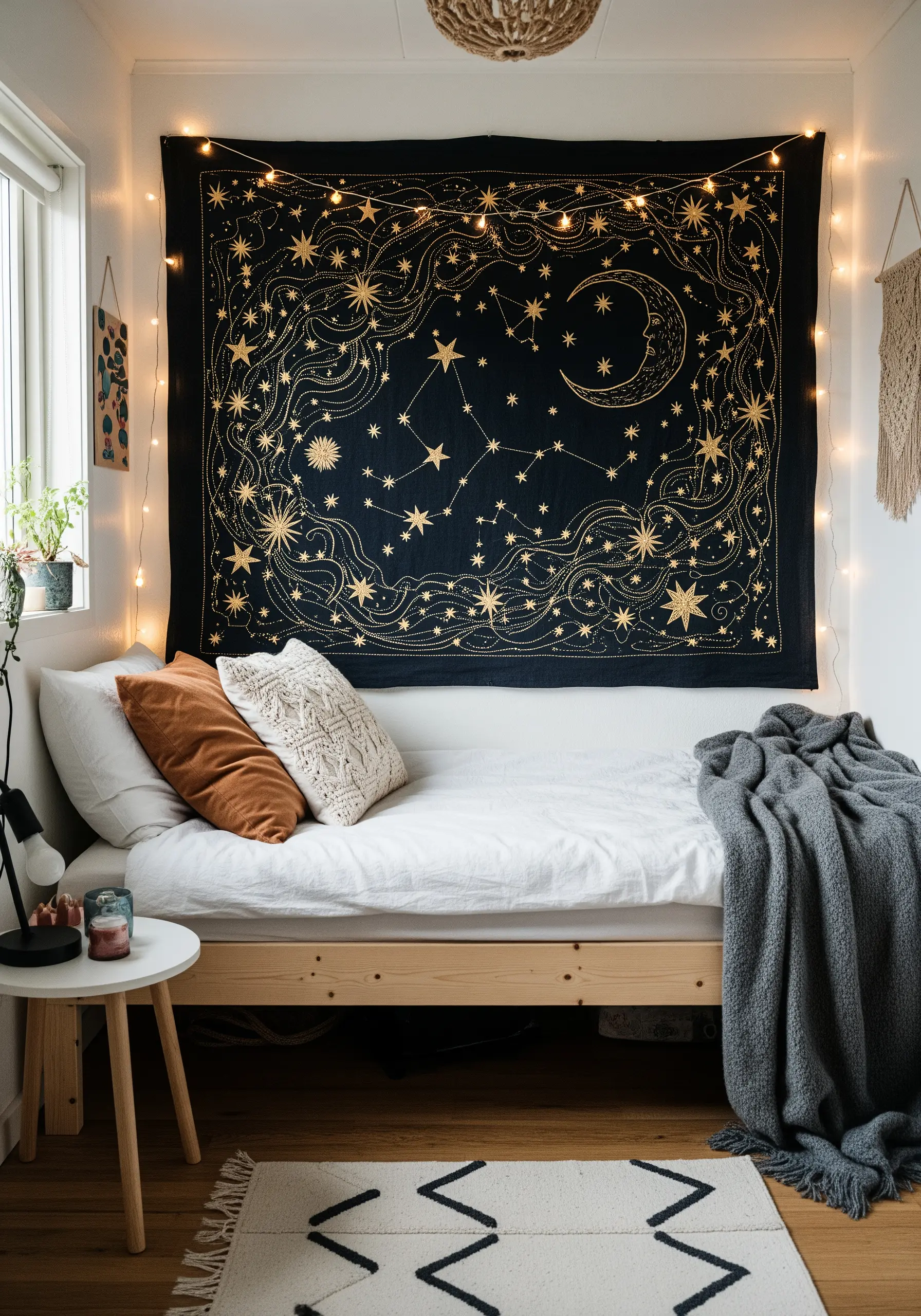 A dark celestial tapestry highlighted with gold metallic thread and fairy lights.