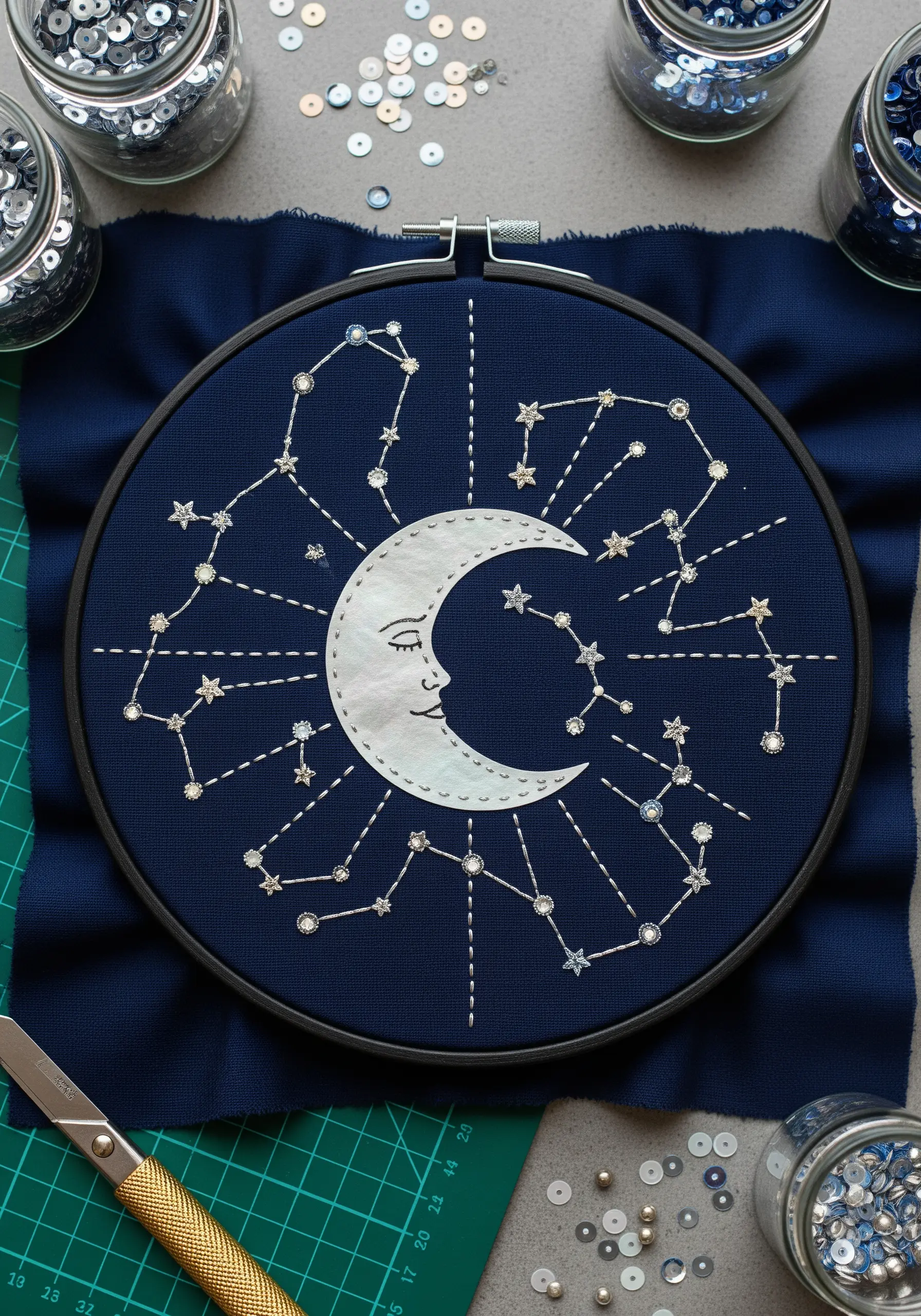 A paper cutout of a crescent moon on navy fabric, surrounded by embroidered constellations.
