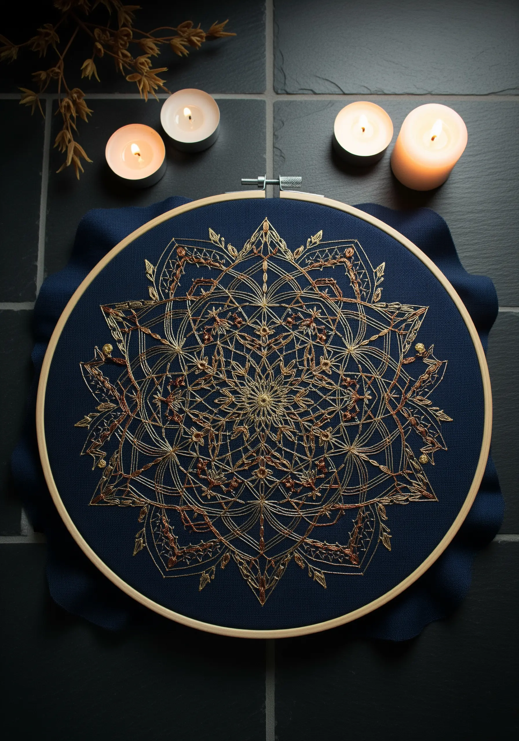 A large, intricate gold and copper metallic mandala stitched on dark navy fabric.