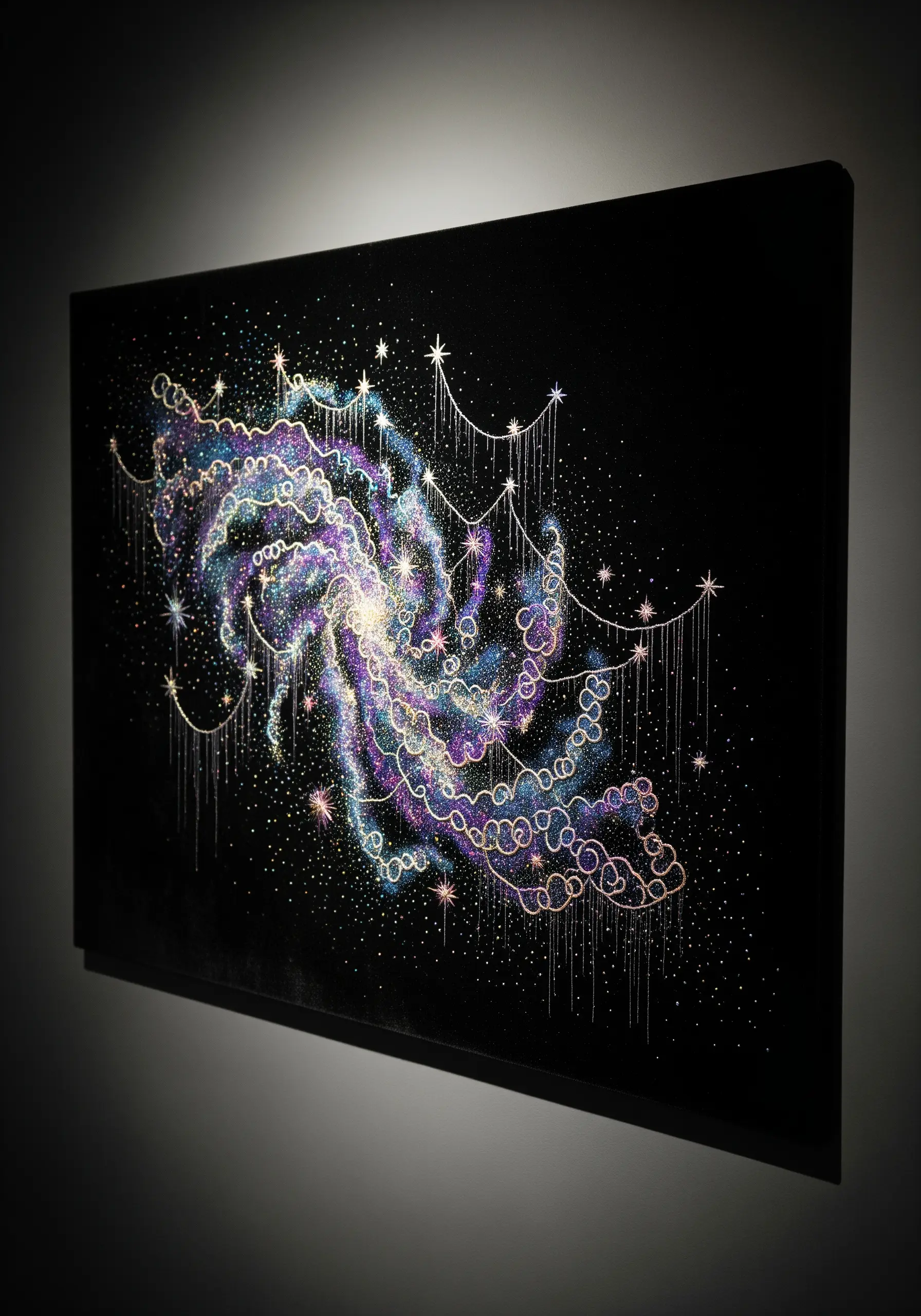 Embroidered galaxy on black canvas using purple, blue, and gold metallic and glitter threads.