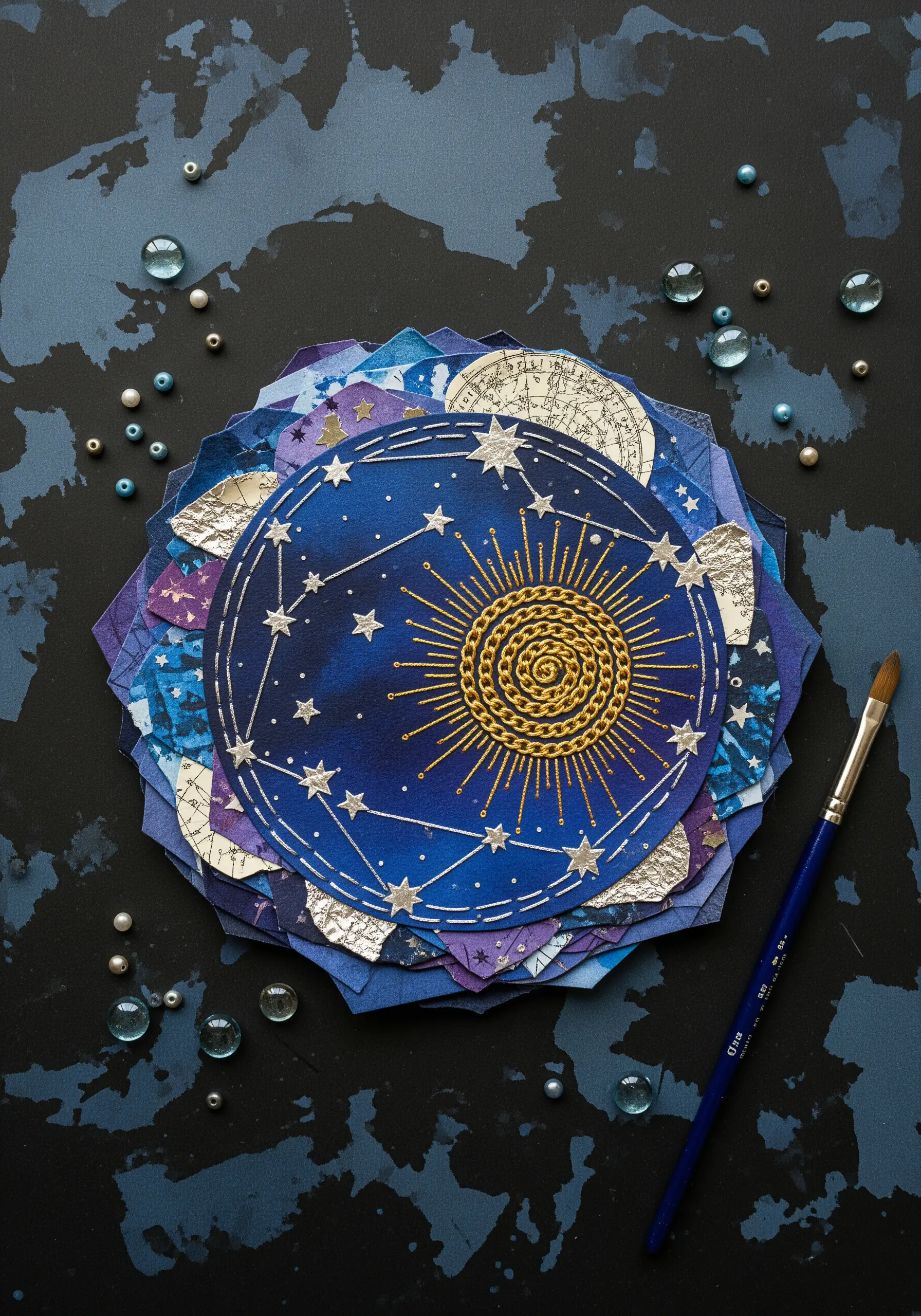 A celestial collage with a sun embroidered in gold metallic thread using couching stitch.
