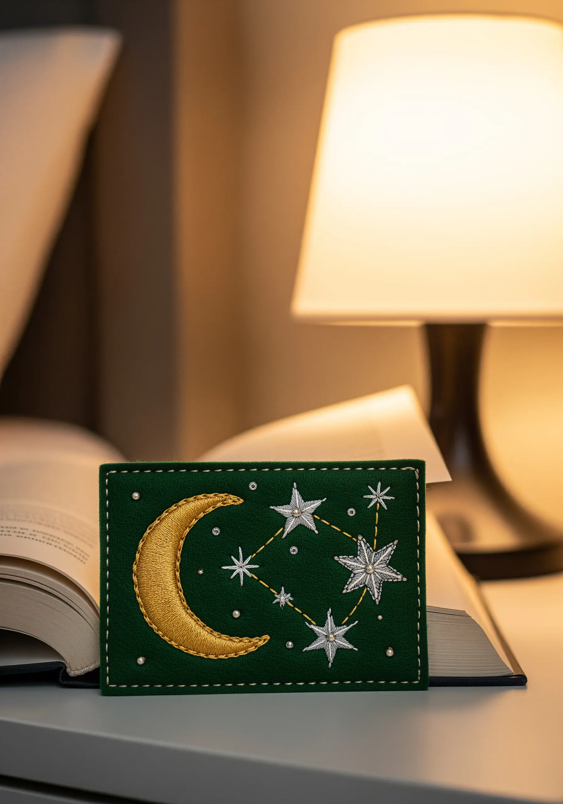 An embroidered celestial design with a gold moon and silver stars on a green card.